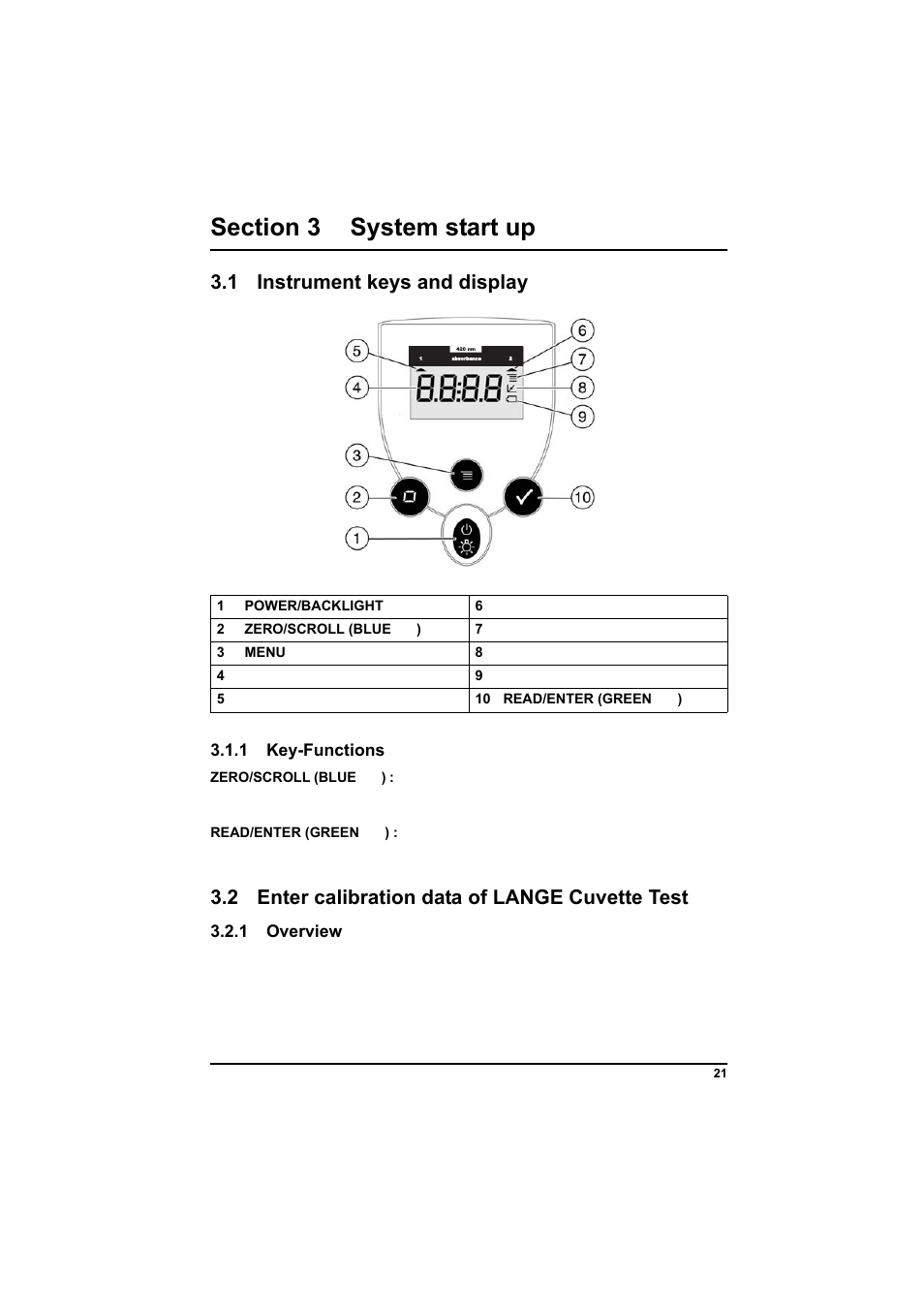Section 3 system start up, 1 instrument keys and display, Figure 1 instrument keys and display | 1 key-functions, 2 enter calibration data of lange cuvette test, 1 overview | Hach-Lange POCKET Colorimeter II Application Instruction User Manual | Page 21 / 118