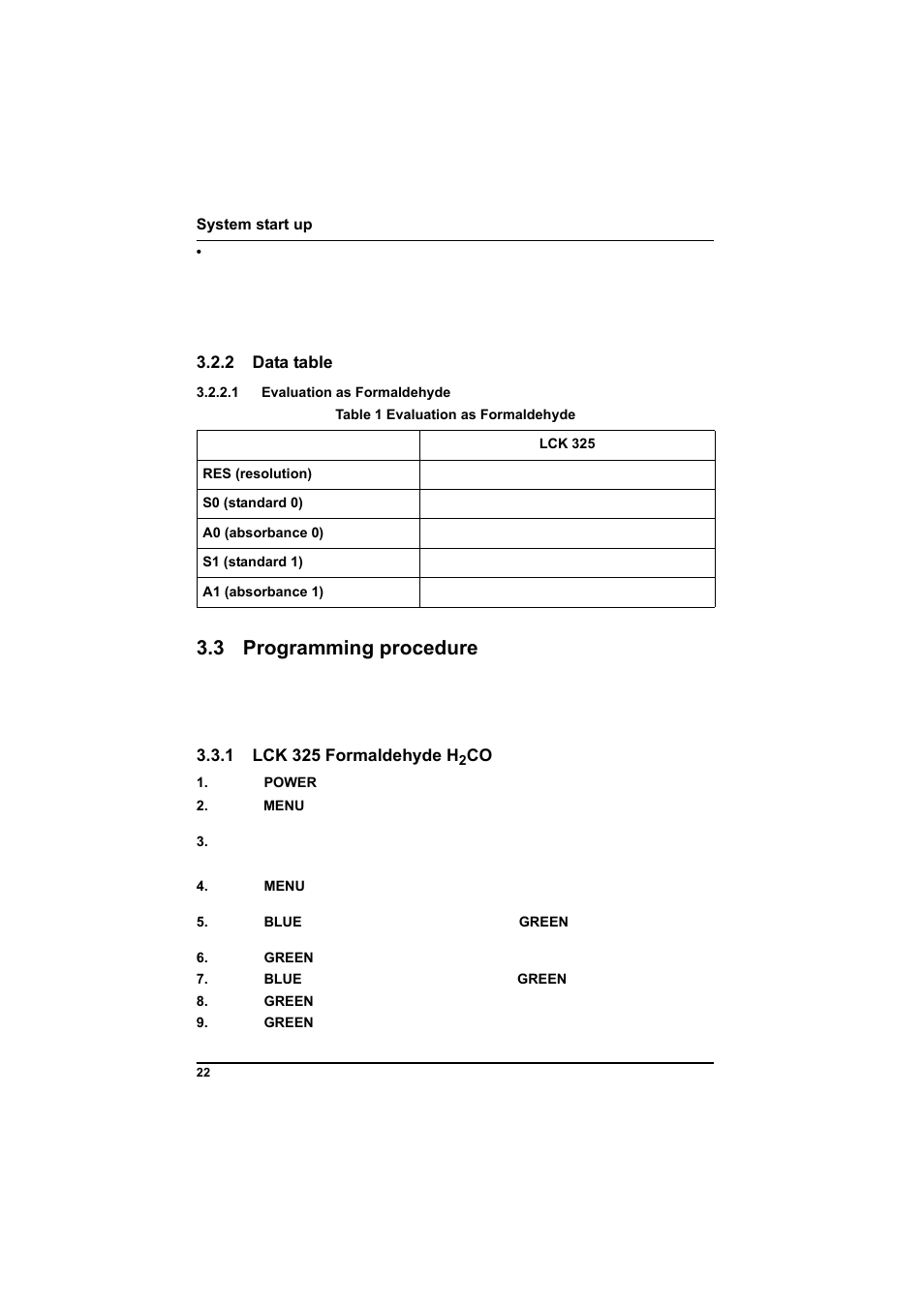 2 data table, 1 evaluation as formaldehyde, Table 1 evaluation as formaldehyde | 3 programming procedure, 1 lck 325 formaldehyde h2co, 1 lck 325 formaldehyde h | Hach-Lange POCKET Colorimeter II Application Instruction User Manual | Page 22 / 118