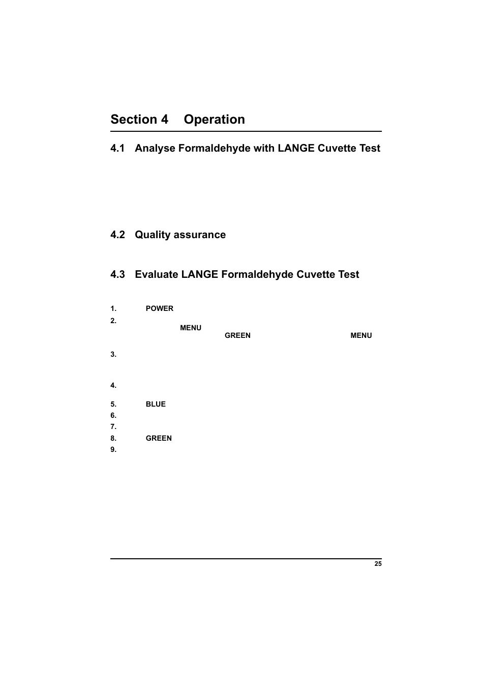 Section 4 operation, 1 analyse formaldehyde with lange cuvette test, 2 quality assurance | 3 evaluate lange formaldehyde cuvette test | Hach-Lange POCKET Colorimeter II Application Instruction User Manual | Page 25 / 118
