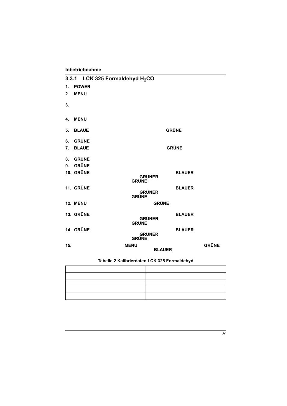 1 lck 325 formaldehyd h2co, Tabelle 2 kalibrierdaten lck 325 formaldehyd | Hach-Lange POCKET Colorimeter II Application Instruction User Manual | Page 37 / 118