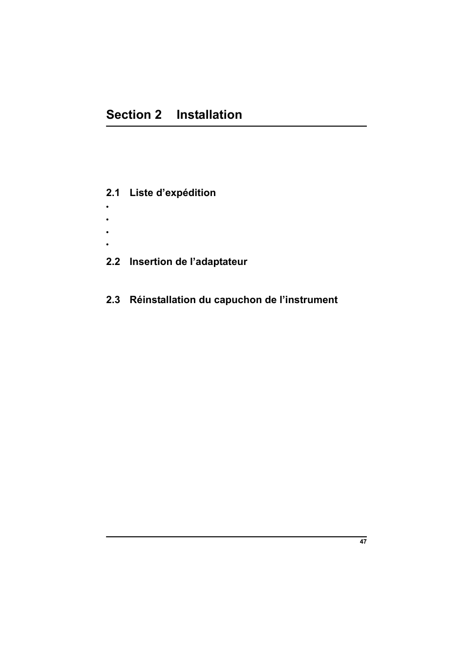 Section 2 installation, 1 liste d’expédition, 2 insertion de l’adaptateur | 3 réinstallation du capuchon de l’instrument | Hach-Lange POCKET Colorimeter II Application Instruction User Manual | Page 47 / 118