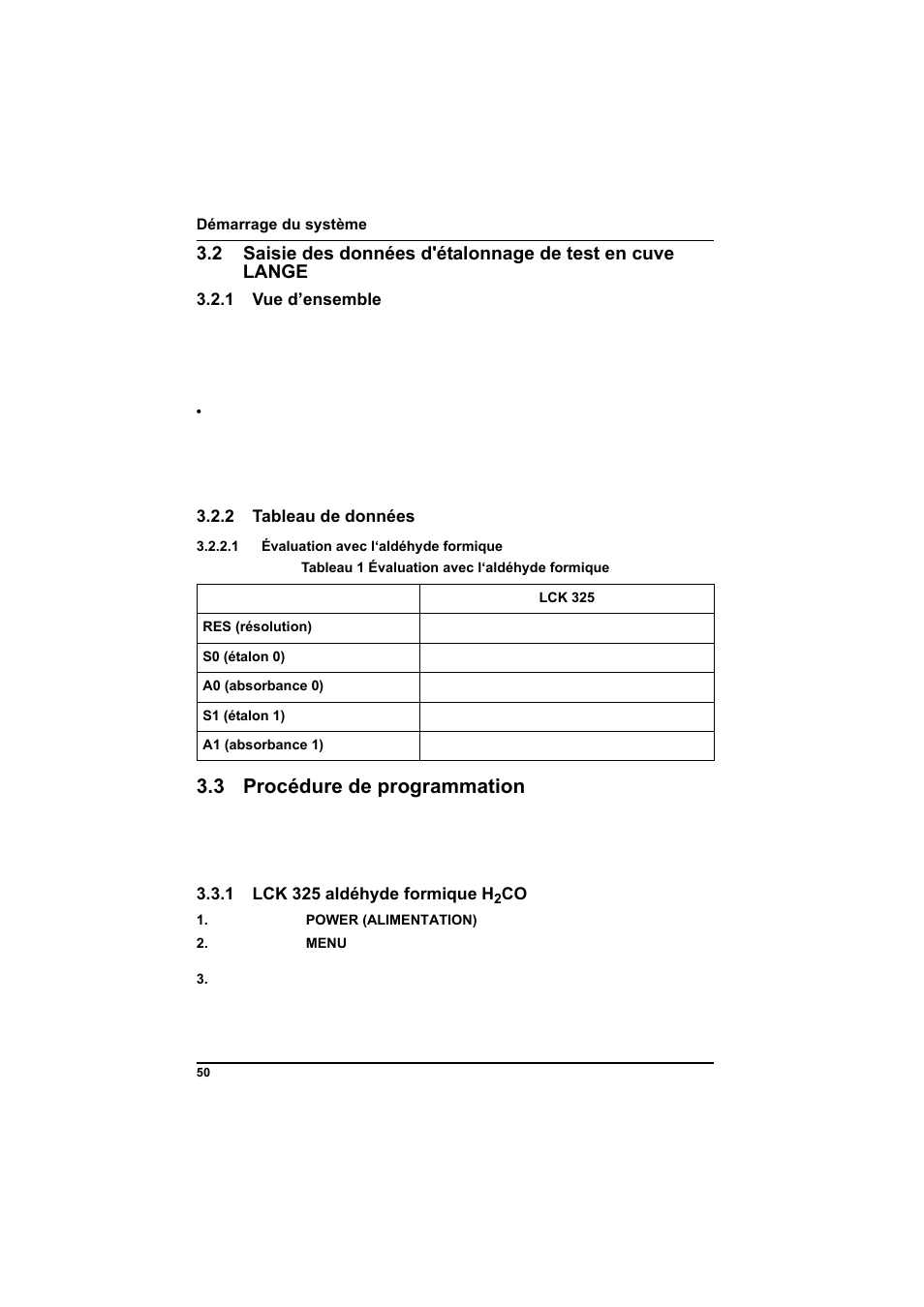 1 vue d’ensemble, 2 tableau de données, 1 évaluation avec l‘aldéhyde formique | Tableau 1 évaluation avec l‘aldéhyde formique, 3 procédure de programmation, 1 lck 325 aldéhyde formique h2co | Hach-Lange POCKET Colorimeter II Application Instruction User Manual | Page 50 / 118