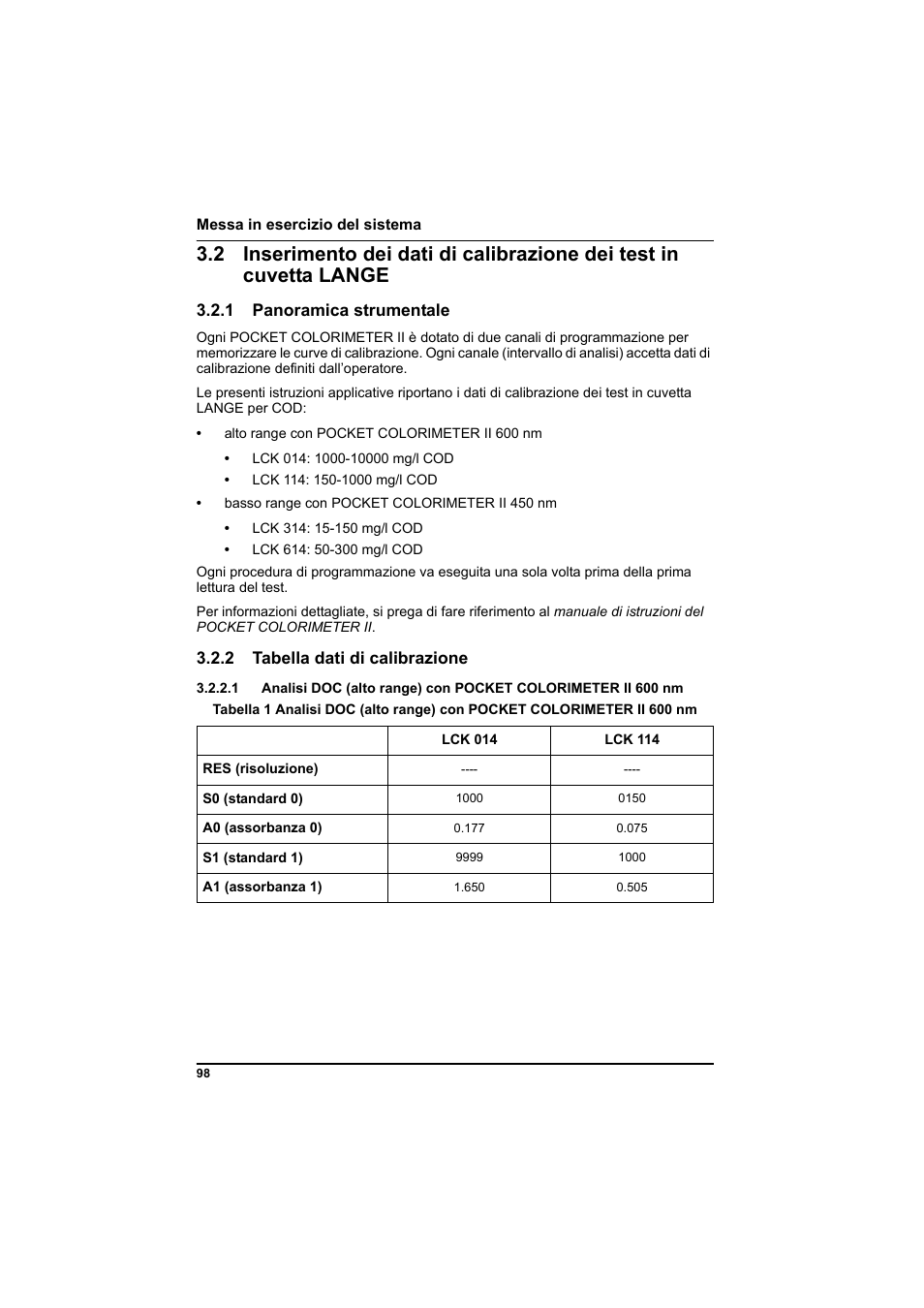 1 panoramica strumentale, 2 tabella dati di calibrazione | Hach-Lange PCII-COD LCK 014_114_314_614 User Manual | Page 100 / 152