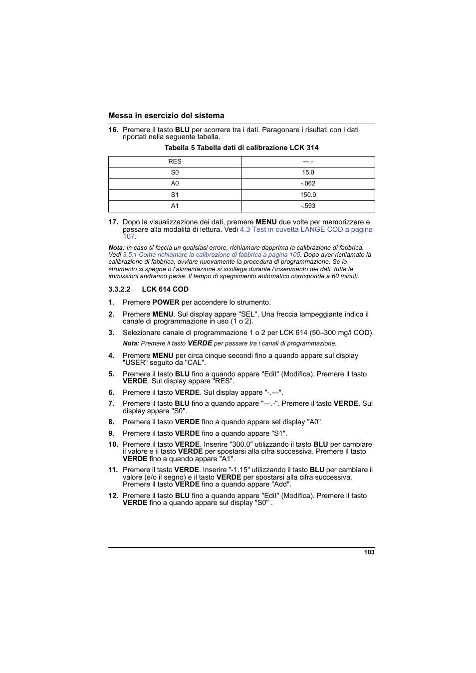 Tabella 5 tabella dati di calibrazione lck 314, 2 lck 614 cod | Hach-Lange PCII-COD LCK 014_114_314_614 User Manual | Page 105 / 152