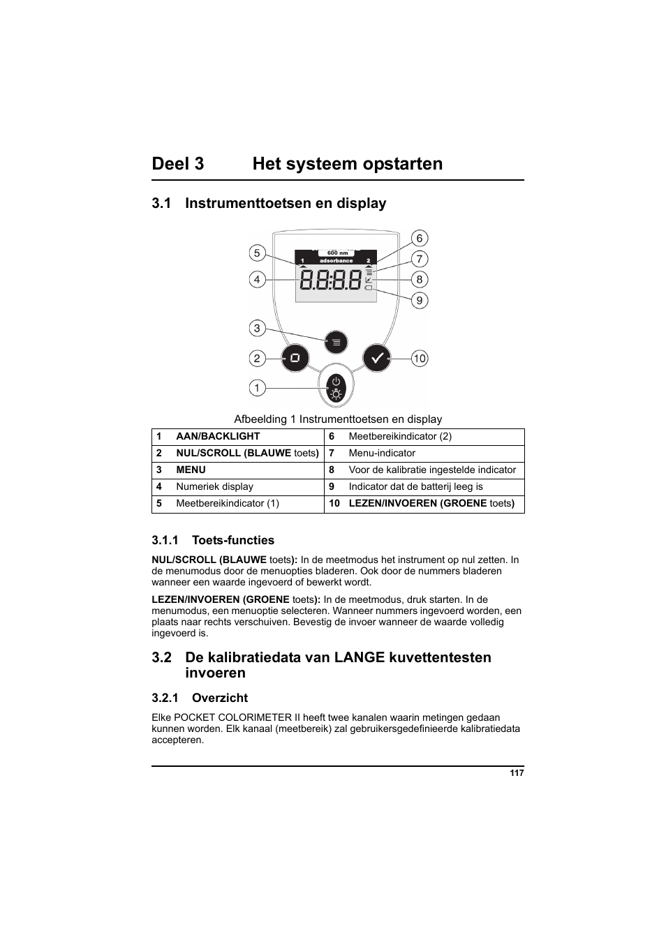 Deel 3 het systeem opstarten, 1 instrumenttoetsen en display, Afbeelding 1 instrumenttoetsen en display | 1 toets-functies, 1 overzicht | Hach-Lange PCII-COD LCK 014_114_314_614 User Manual | Page 119 / 152