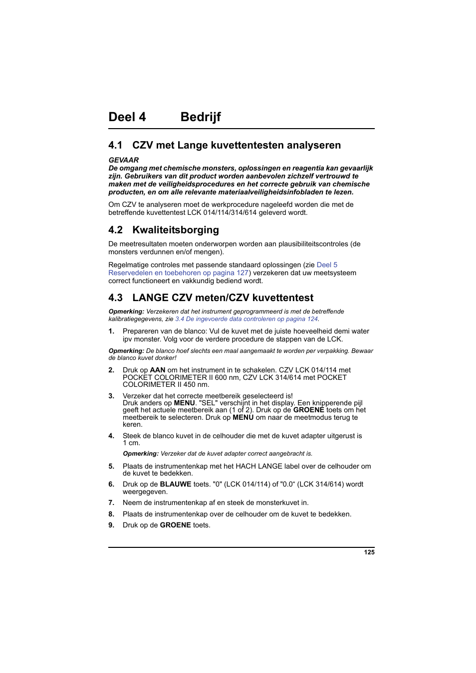 Deel 4 bedrijf, 1 czv met lange kuvettentesten analyseren, 2 kwaliteitsborging | 3 lange czv meten/czv kuvettentest, 3 lange czv meten/czv kuvettentest op | Hach-Lange PCII-COD LCK 014_114_314_614 User Manual | Page 127 / 152