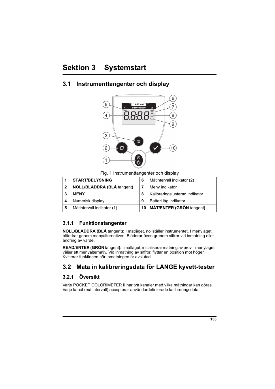 Sektion 3 systemstart, 1 instrumenttangenter och display, Fig. 1 instrumenttangenter och display | 1 funktionstangenter, 2 mata in kalibreringsdata för lange kyvett-tester, 1 översikt | Hach-Lange PCII-COD LCK 014_114_314_614 User Manual | Page 137 / 152