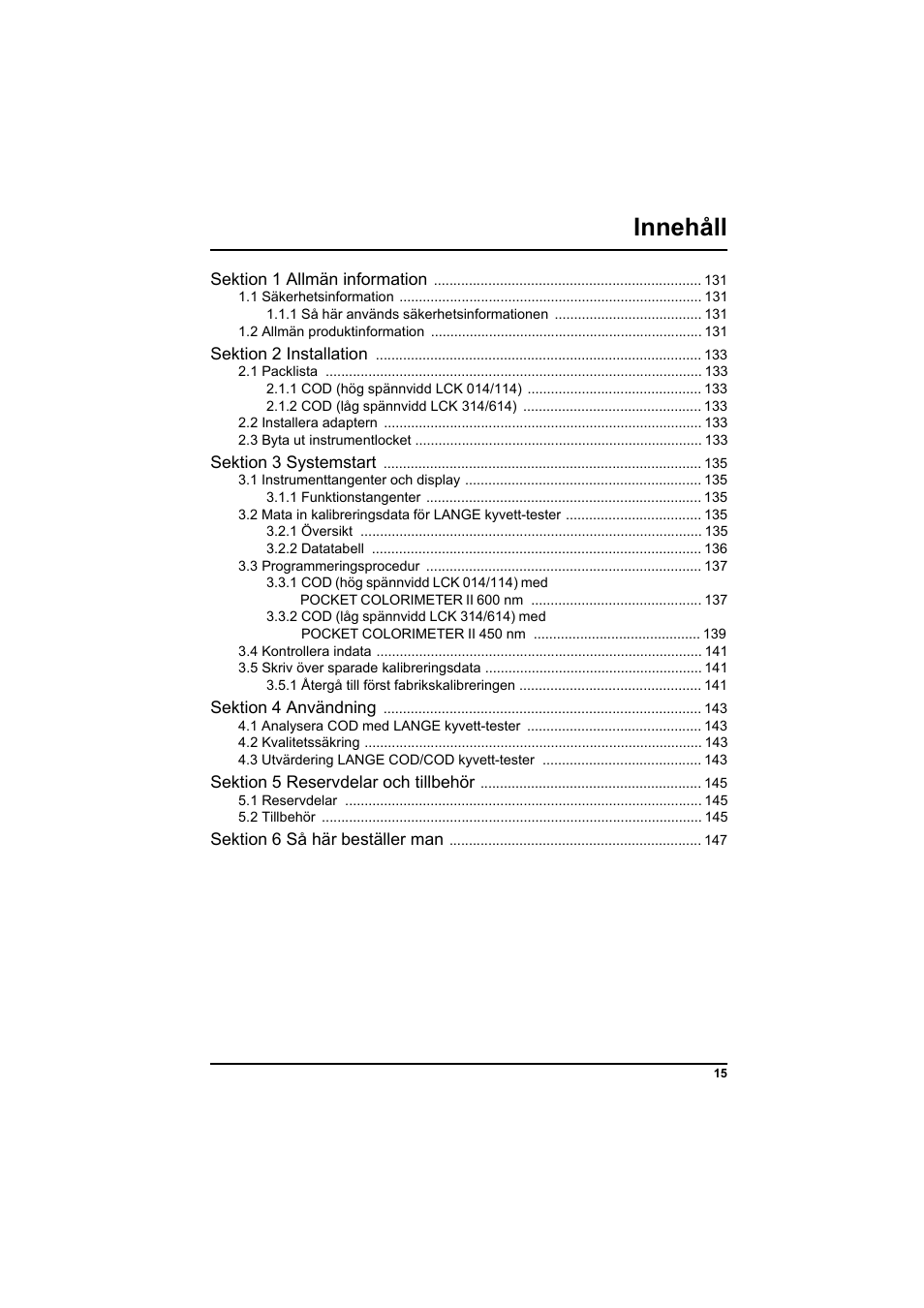 Innehåll | Hach-Lange PCII-COD LCK 014_114_314_614 User Manual | Page 17 / 152