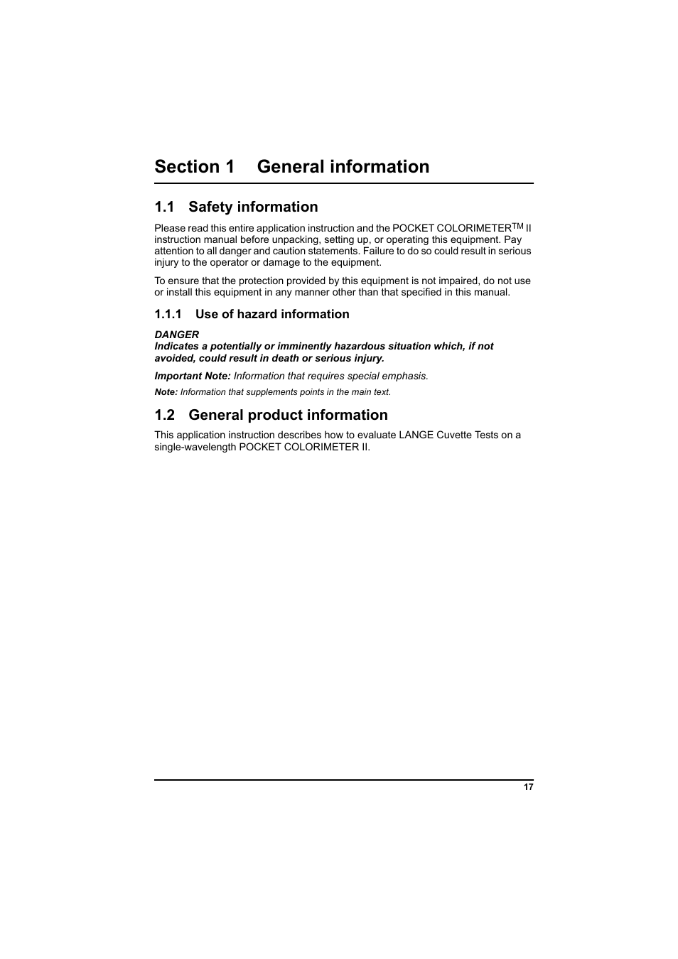 Section 1 general information, 1 safety information, 1 use of hazard information | 2 general product information | Hach-Lange PCII-COD LCK 014_114_314_614 User Manual | Page 19 / 152