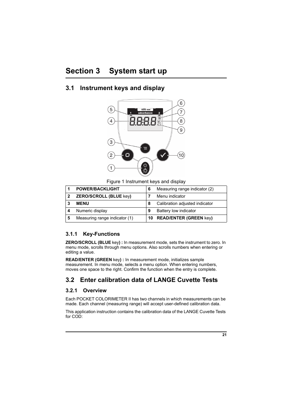 Section 3 system start up, 1 instrument keys and display, Figure 1 instrument keys and display | 1 key-functions, 2 enter calibration data of lange cuvette tests, 1 overview | Hach-Lange PCII-COD LCK 014_114_314_614 User Manual | Page 23 / 152