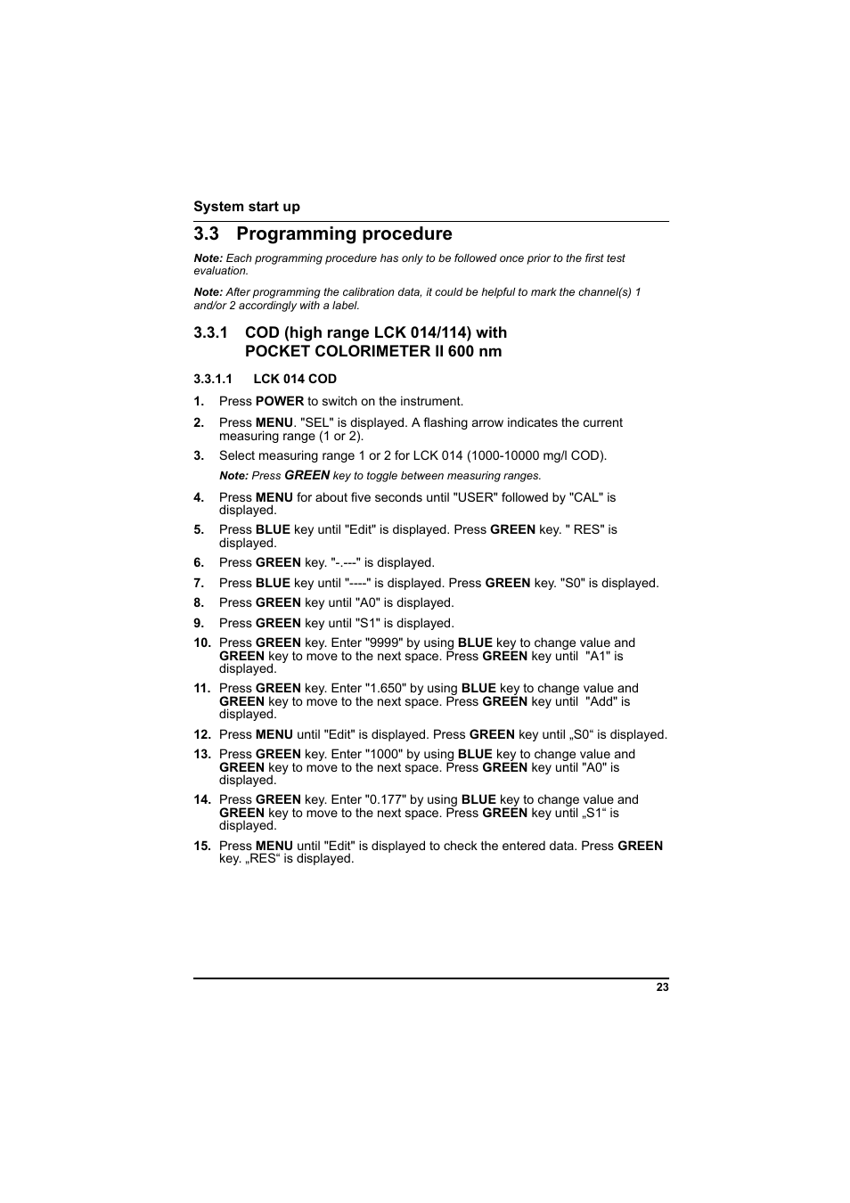 3 programming procedure, 1 lck 014 cod, 1 cod (high range lck 014/114) with | Pocket colorimeter ii 600 nm | Hach-Lange PCII-COD LCK 014_114_314_614 User Manual | Page 25 / 152