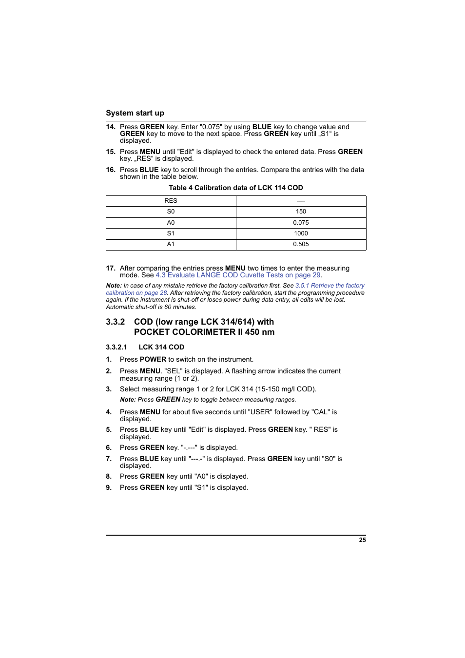 Table 4 calibration data of lck 114 cod, 1 lck 314 cod, 2 cod (low range lck 314/614) with | Pocket colorimeter ii 450 nm | Hach-Lange PCII-COD LCK 014_114_314_614 User Manual | Page 27 / 152