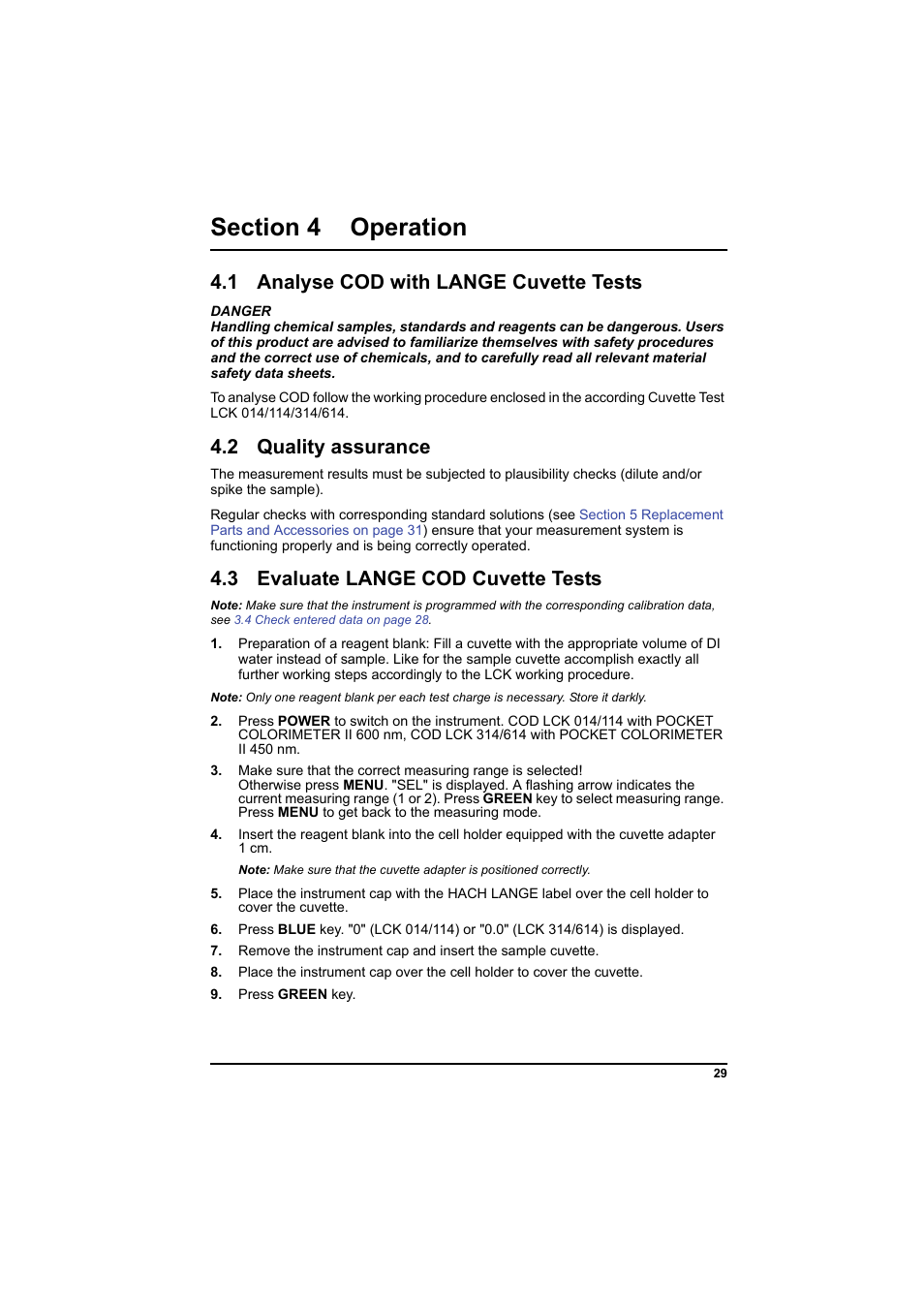 Section 4 operation, 1 analyse cod with lange cuvette tests, 2 quality assurance | 3 evaluate lange cod cuvette tests, Mode. see | Hach-Lange PCII-COD LCK 014_114_314_614 User Manual | Page 31 / 152