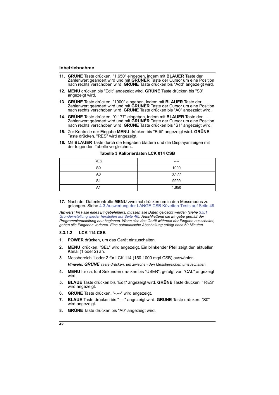 Tabelle 3 kalibrierdaten lck 014 csb, 2 lck 114 csb | Hach-Lange PCII-COD LCK 014_114_314_614 User Manual | Page 44 / 152