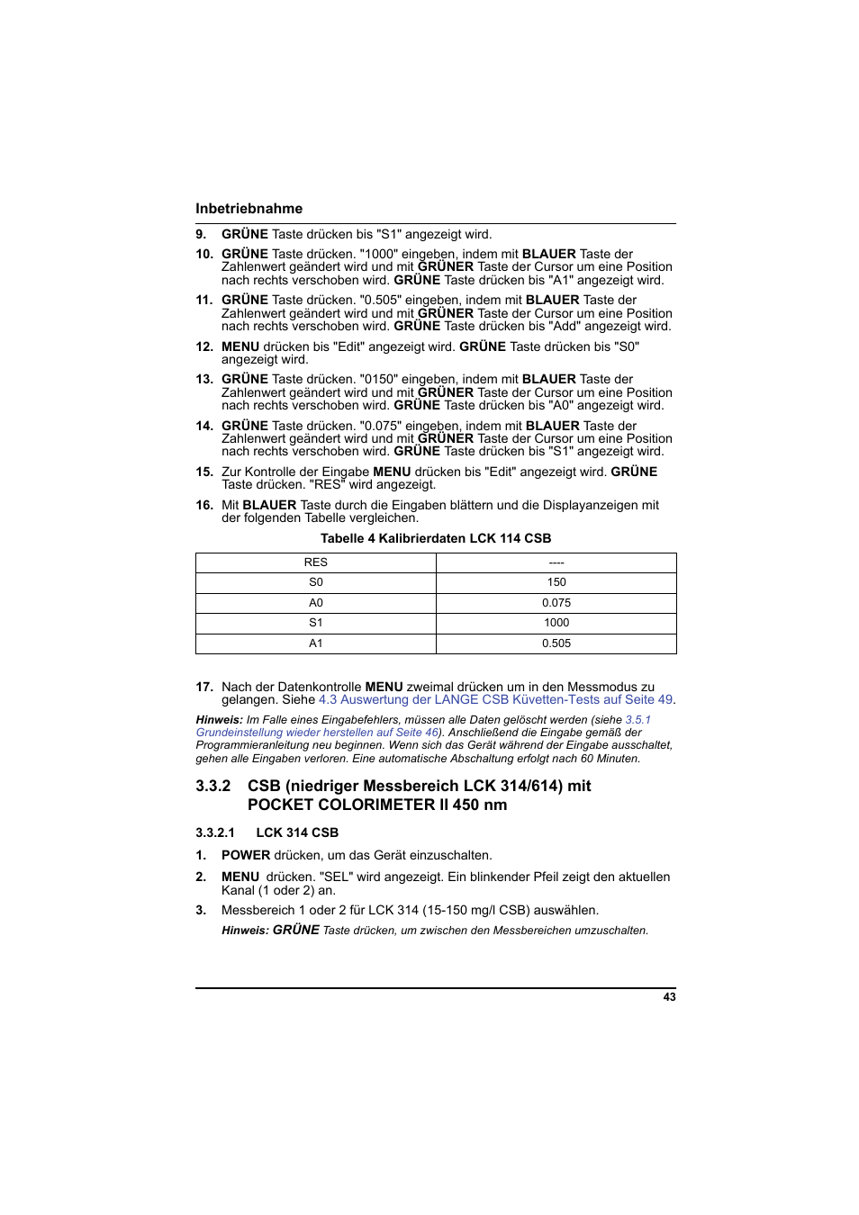 Tabelle 4 kalibrierdaten lck 114 csb, 1 lck 314 csb | Hach-Lange PCII-COD LCK 014_114_314_614 User Manual | Page 45 / 152