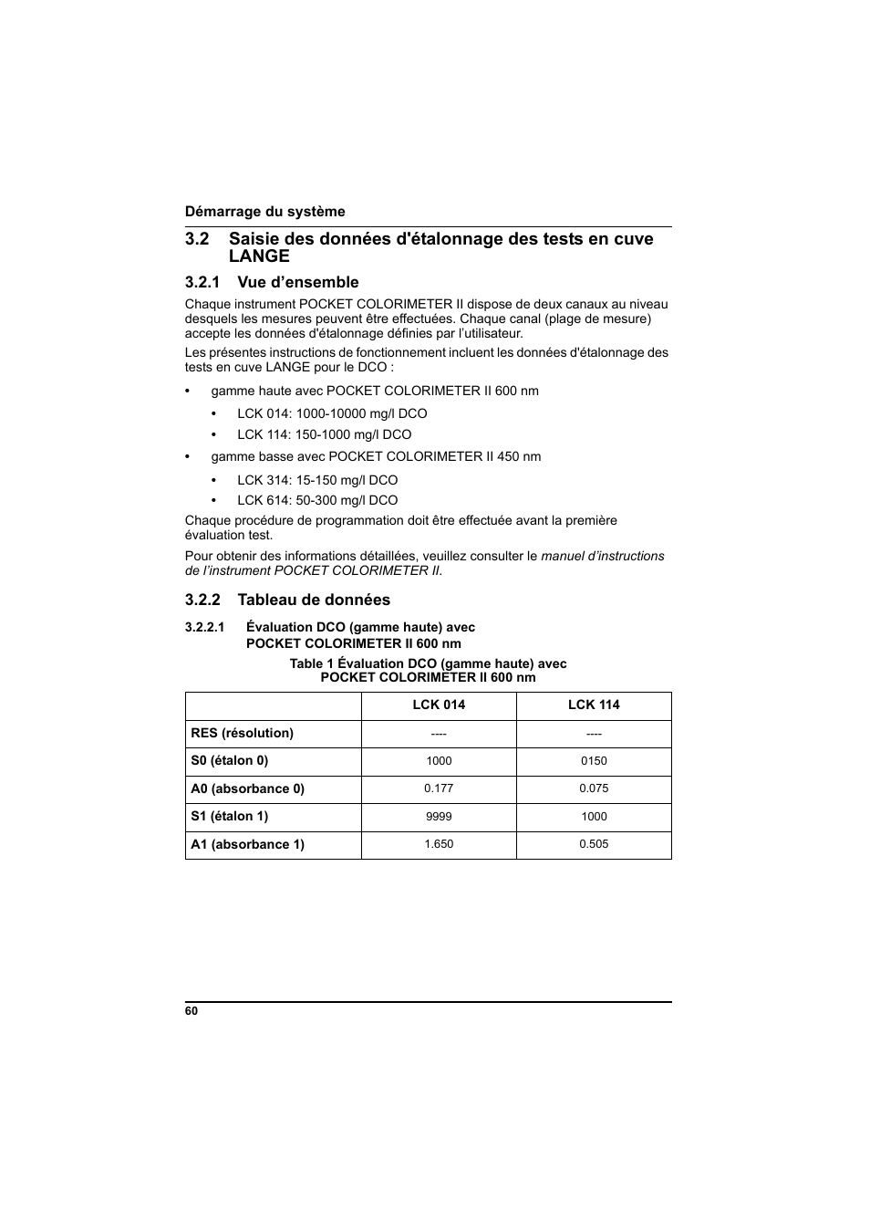 1 vue d’ensemble, 2 tableau de données | Hach-Lange PCII-COD LCK 014_114_314_614 User Manual | Page 62 / 152