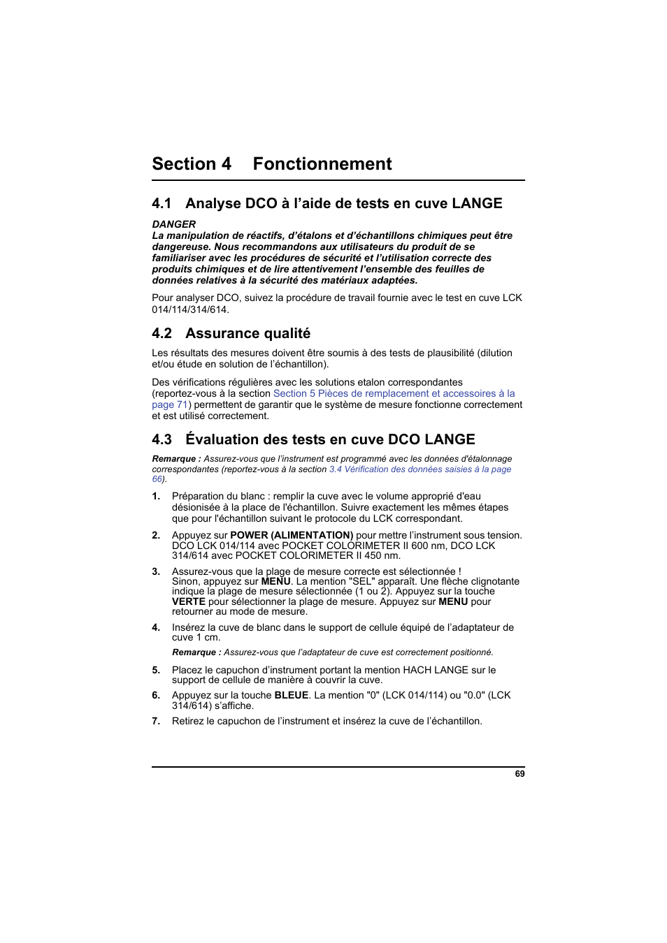 Section 4 fonctionnement, 1 analyse dco à l’aide de tests en cuve lange, 2 assurance qualité | 3 évaluation des tests en cuve dco lange, 3 évaluation des tests en cuve | Hach-Lange PCII-COD LCK 014_114_314_614 User Manual | Page 71 / 152