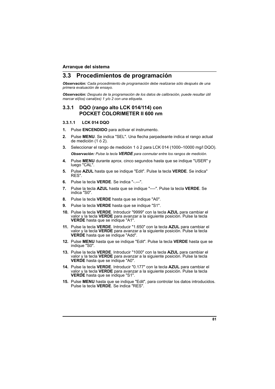 3 procedimientos de programación, 1 lck 014 dqo | Hach-Lange PCII-COD LCK 014_114_314_614 User Manual | Page 83 / 152