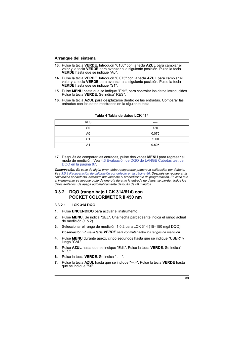 Tabla 4 tabla de datos lck 114, 1 lck 314 dqo | Hach-Lange PCII-COD LCK 014_114_314_614 User Manual | Page 85 / 152