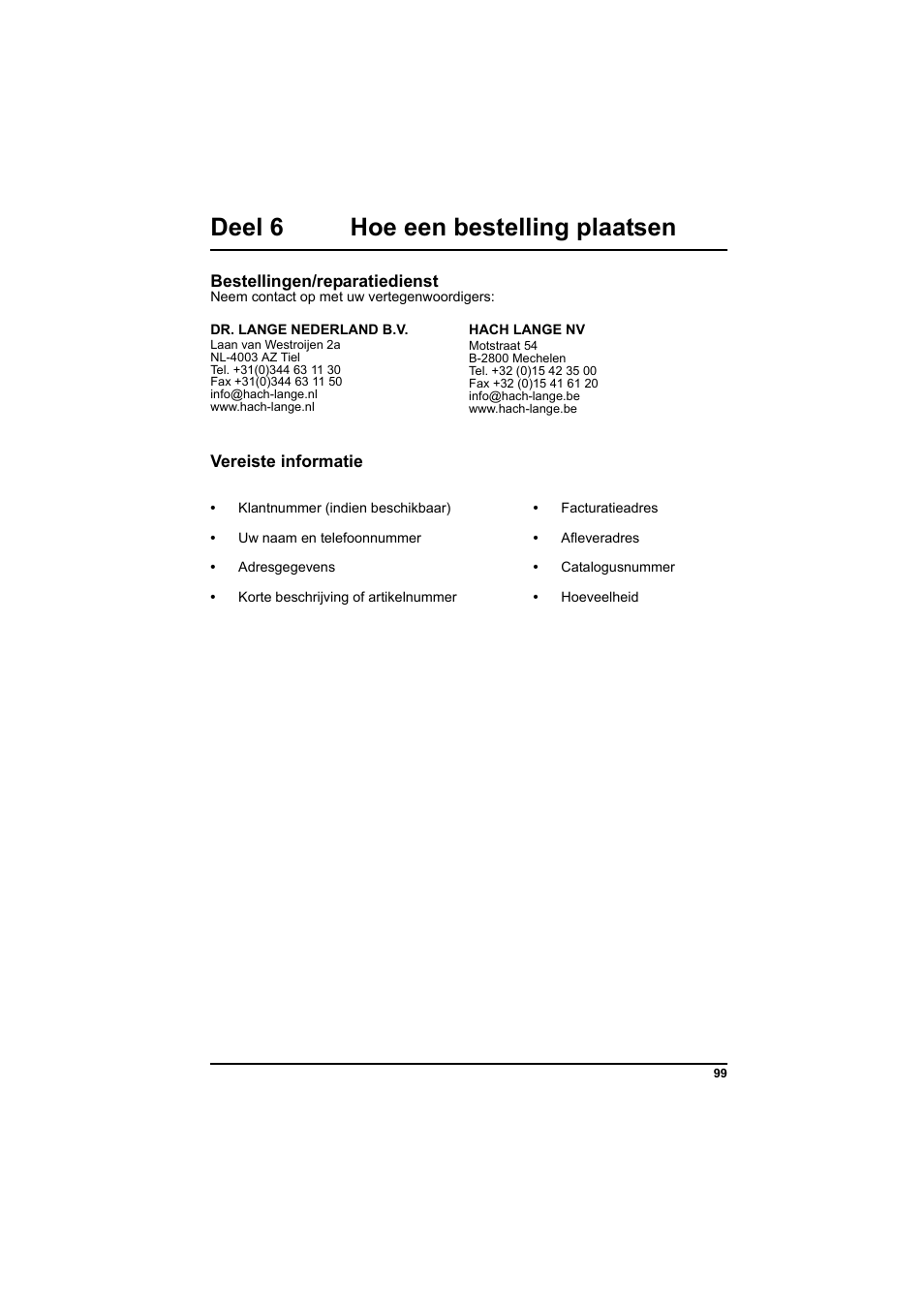Deel 6 hoe een bestelling plaatsen, Bestellingen/reparatiedienst, Vereiste informatie | Hach-Lange PCII-Chlorine LCK 310 User Manual | Page 100 / 116
