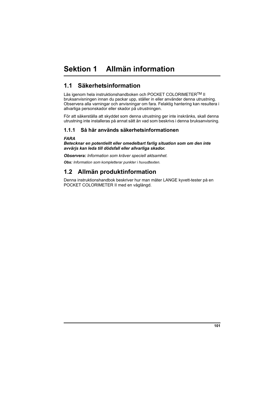 Sektion 1 allmän information, 1 säkerhetsinformation, 2 allmän produktinformation | Hach-Lange PCII-Chlorine LCK 310 User Manual | Page 102 / 116