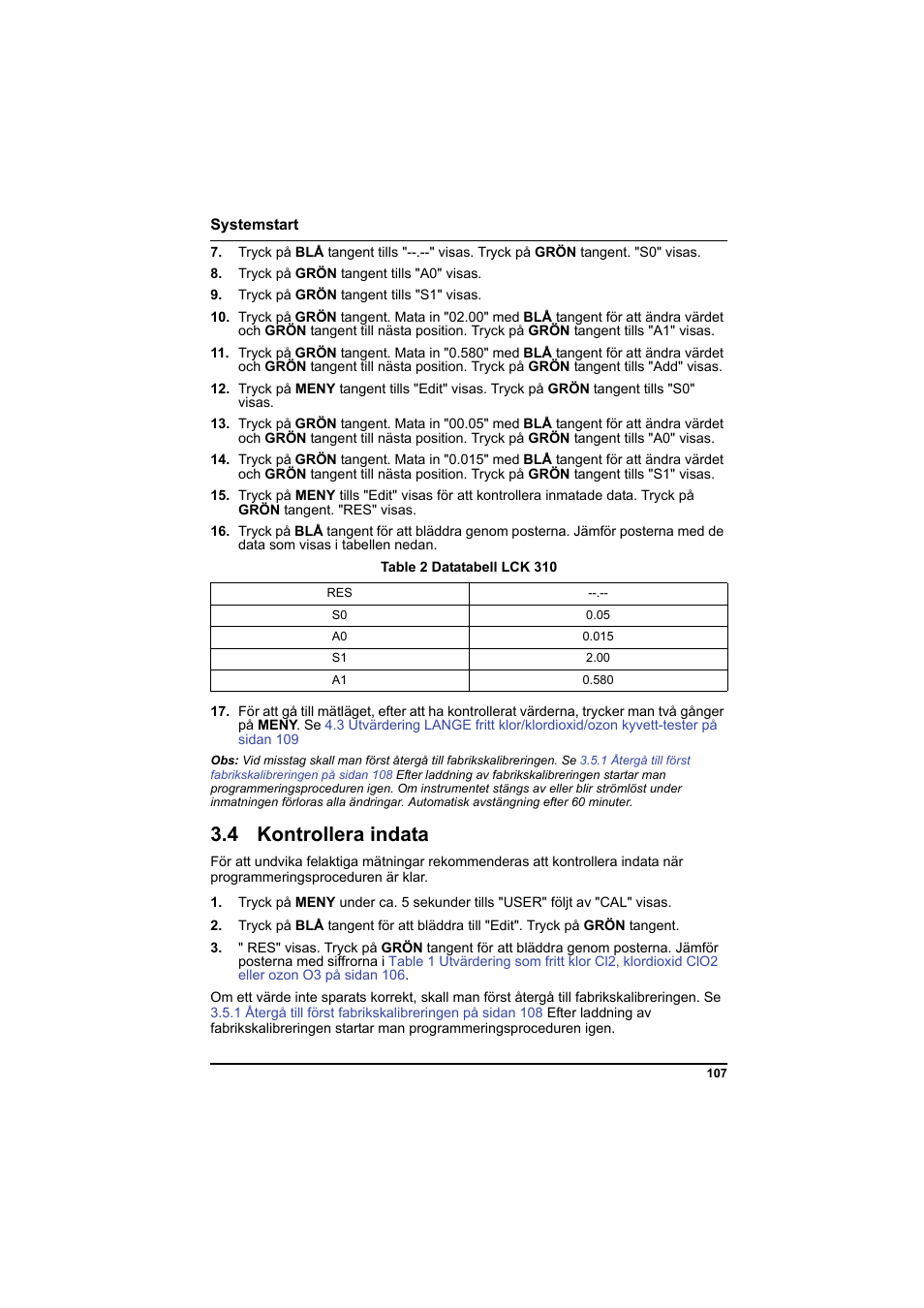 Table 2 datatabell lck 310, 4 kontrollera indata | Hach-Lange PCII-Chlorine LCK 310 User Manual | Page 108 / 116