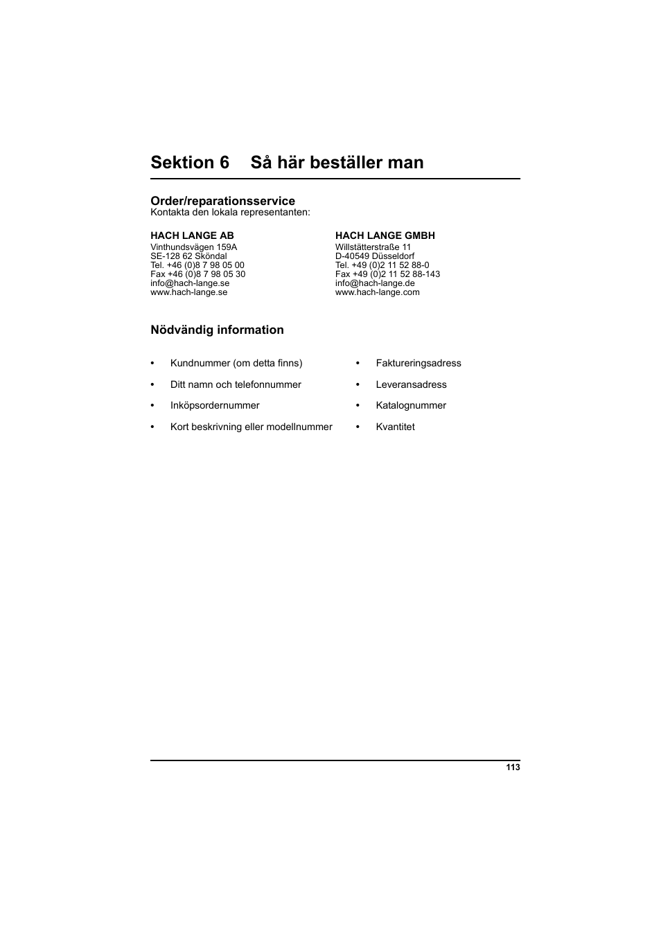 Sektion 6 så här beställer man, Order/reparationsservice, Nödvändig information | Hach-Lange PCII-Chlorine LCK 310 User Manual | Page 114 / 116