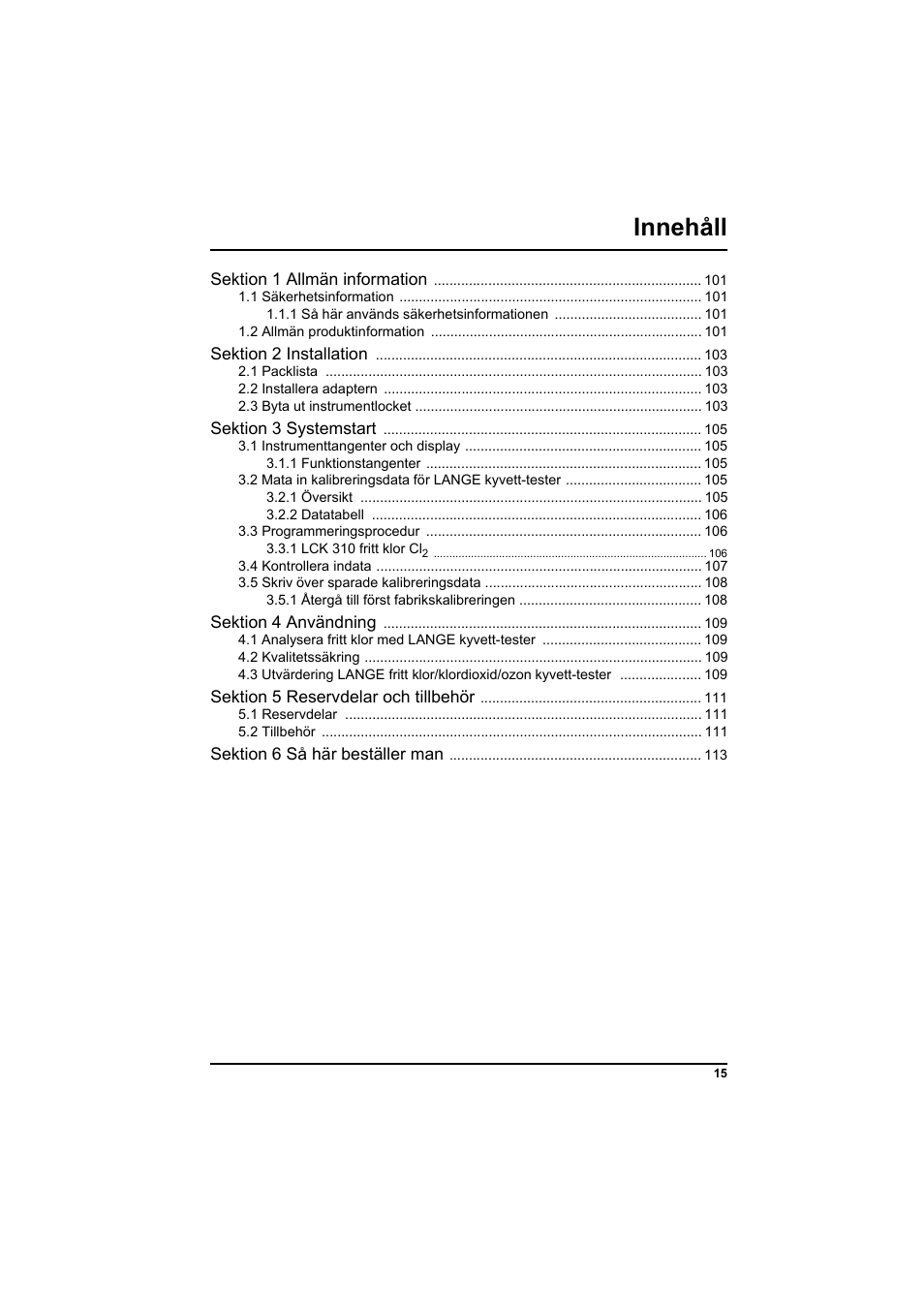Innehåll | Hach-Lange PCII-Chlorine LCK 310 User Manual | Page 16 / 116