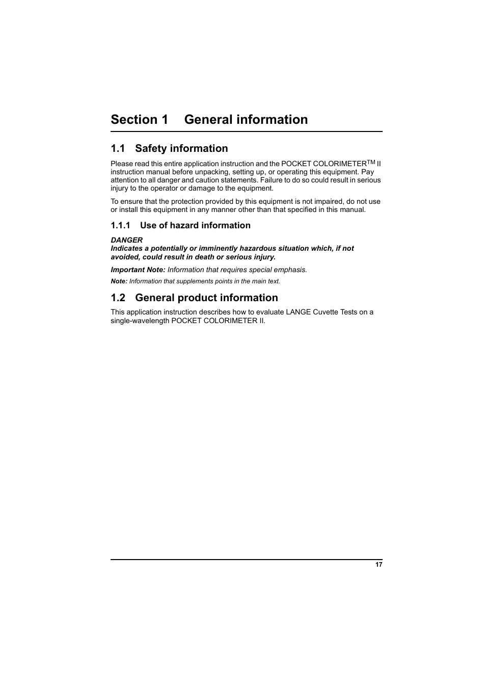 Section 1 general information, 1 safety information, 1 use of hazard information | 2 general product information | Hach-Lange PCII-Chlorine LCK 310 User Manual | Page 18 / 116