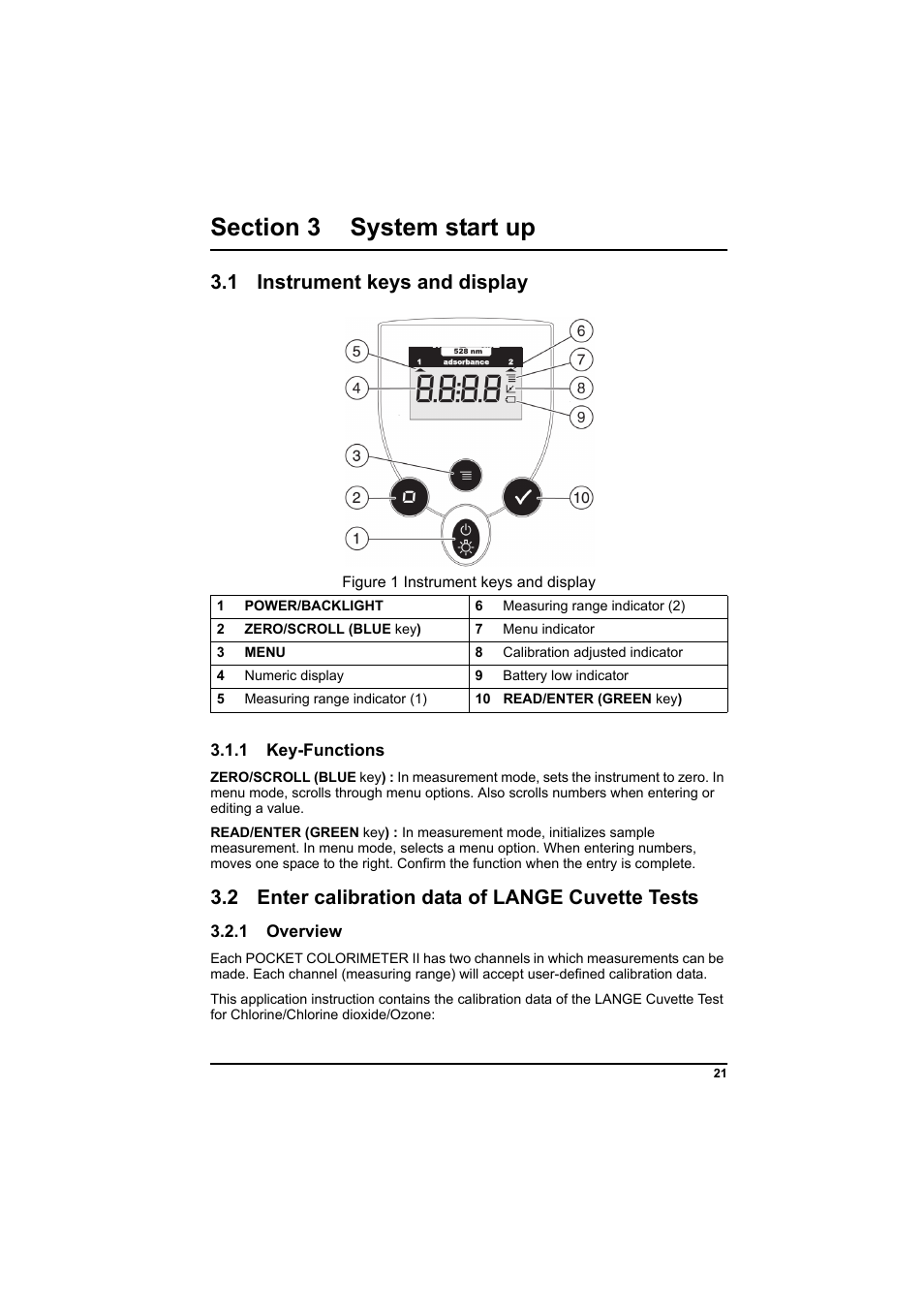 Section 3 system start up, 1 instrument keys and display, Figure 1 instrument keys and display | 1 key-functions, 2 enter calibration data of lange cuvette tests, 1 overview | Hach-Lange PCII-Chlorine LCK 310 User Manual | Page 22 / 116