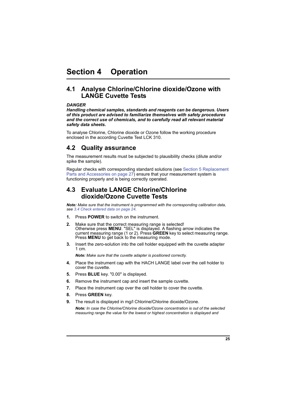 Section 4 operation, 2 quality assurance, Mode. see | Hach-Lange PCII-Chlorine LCK 310 User Manual | Page 26 / 116