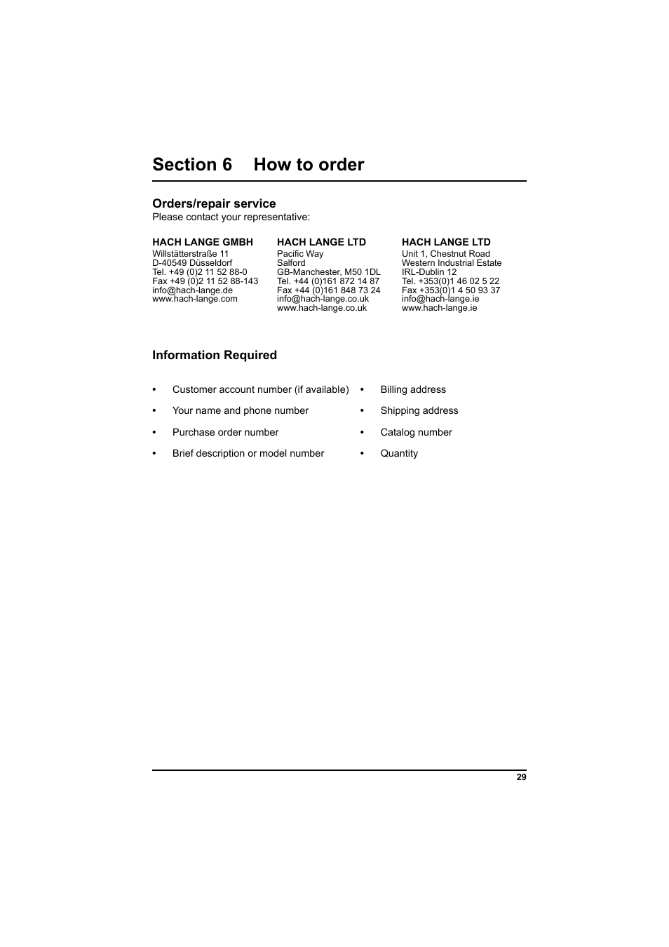 Section 6 how to order, Orders/repair service, Information required | Hach-Lange PCII-Chlorine LCK 310 User Manual | Page 30 / 116