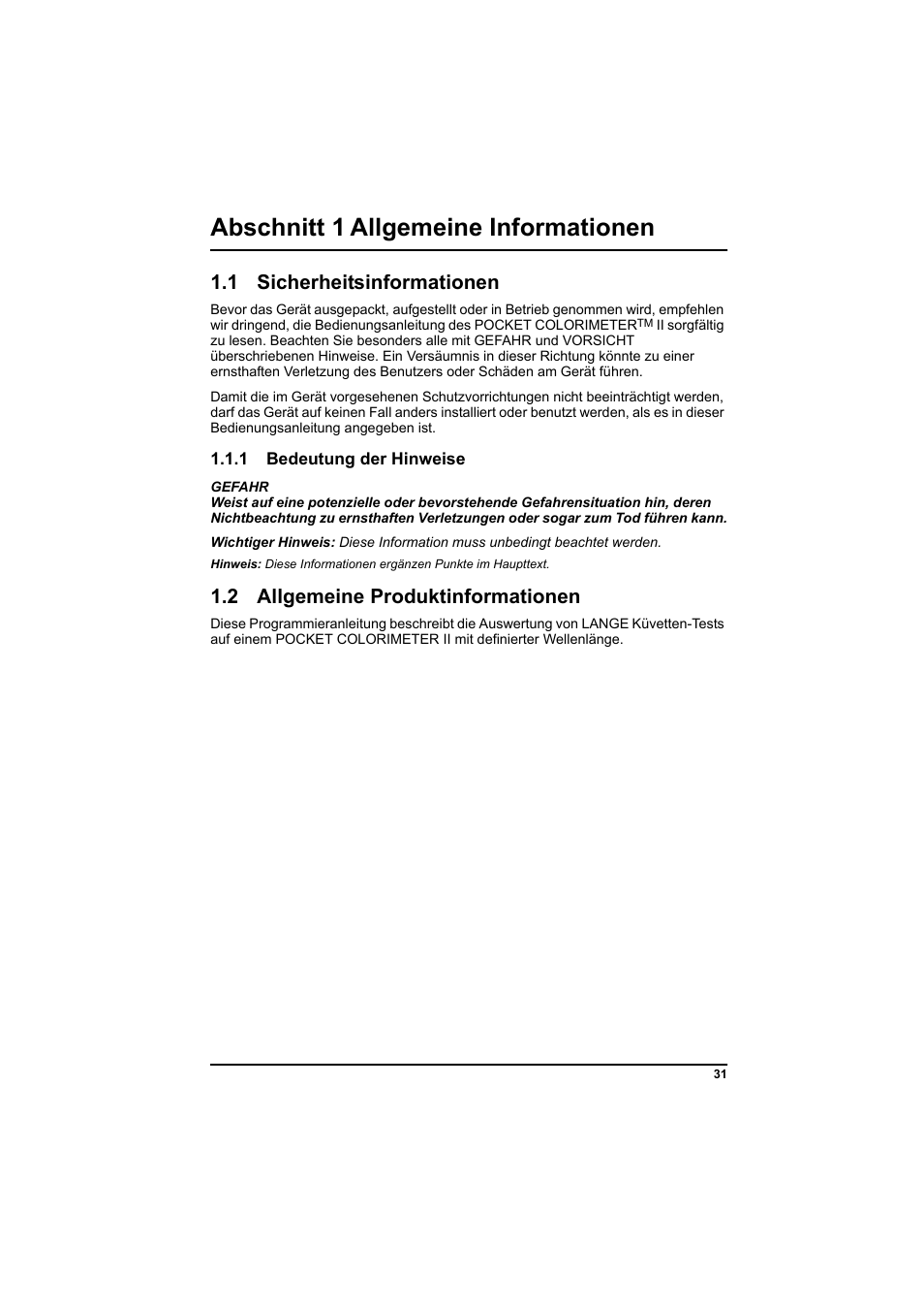 Abschnitt 1 allgemeine informationen, 1 sicherheitsinformationen, 2 allgemeine produktinformationen | Hach-Lange PCII-Chlorine LCK 310 User Manual | Page 32 / 116