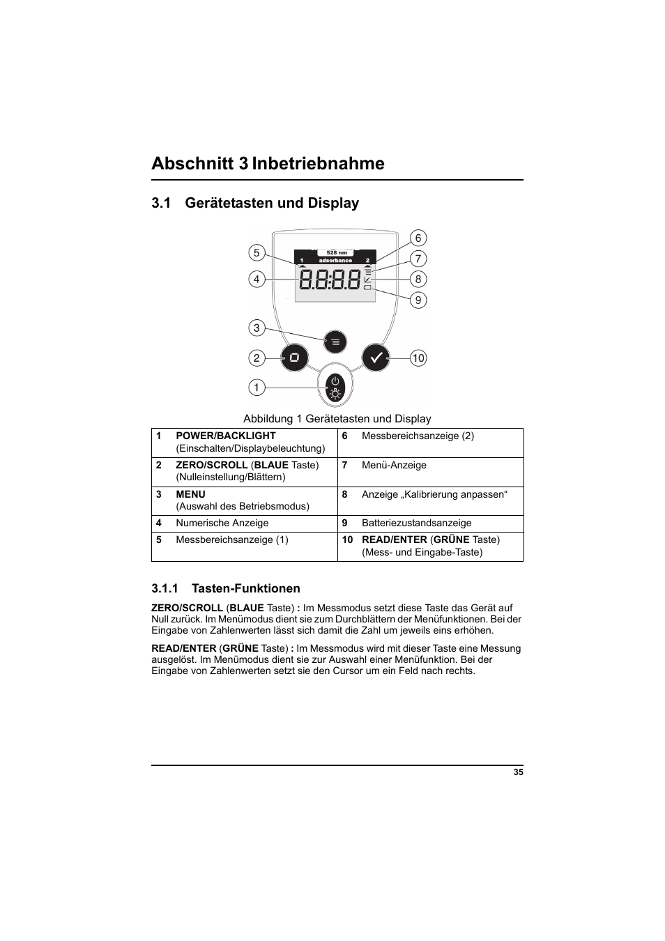 Abschnitt 3 inbetriebnahme, 1 gerätetasten und display, Abbildung 1 gerätetasten und display | 1 tasten-funktionen | Hach-Lange PCII-Chlorine LCK 310 User Manual | Page 36 / 116