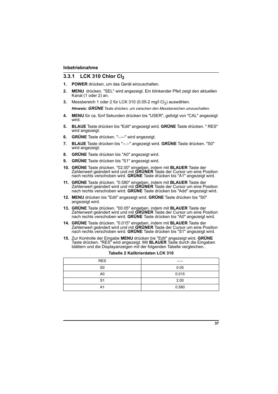 1 lck 310 chlor cl2, Tabelle 2 kalibrierdaten lck 310 | Hach-Lange PCII-Chlorine LCK 310 User Manual | Page 38 / 116