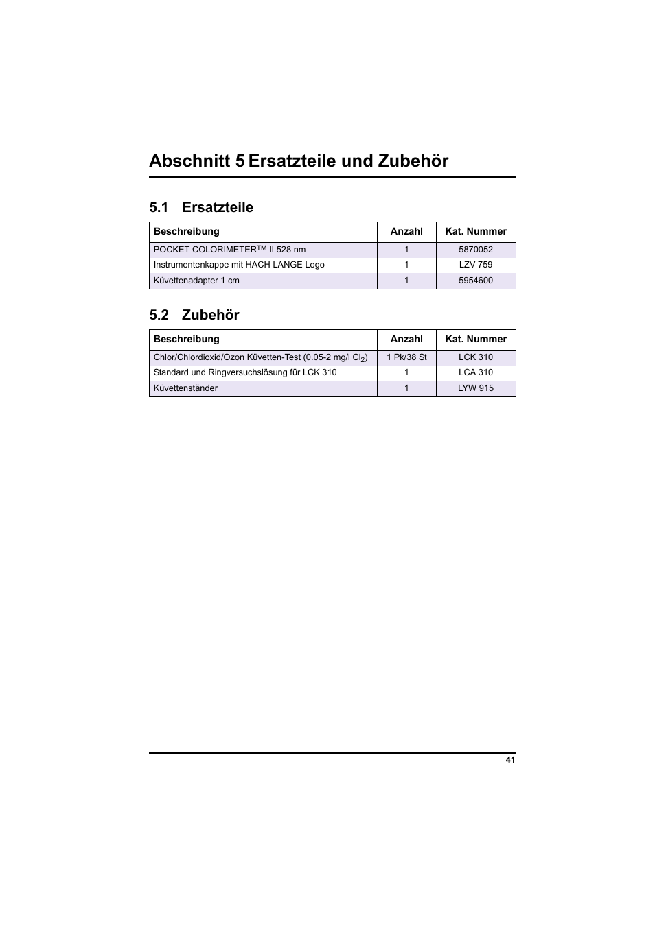 Abschnitt 5 ersatzteile und zubehör auf seite 41, Stellen, Abschnitt 5 ersatzteile und zubehör | 1 ersatzteile, 2 zubehör | Hach-Lange PCII-Chlorine LCK 310 User Manual | Page 42 / 116