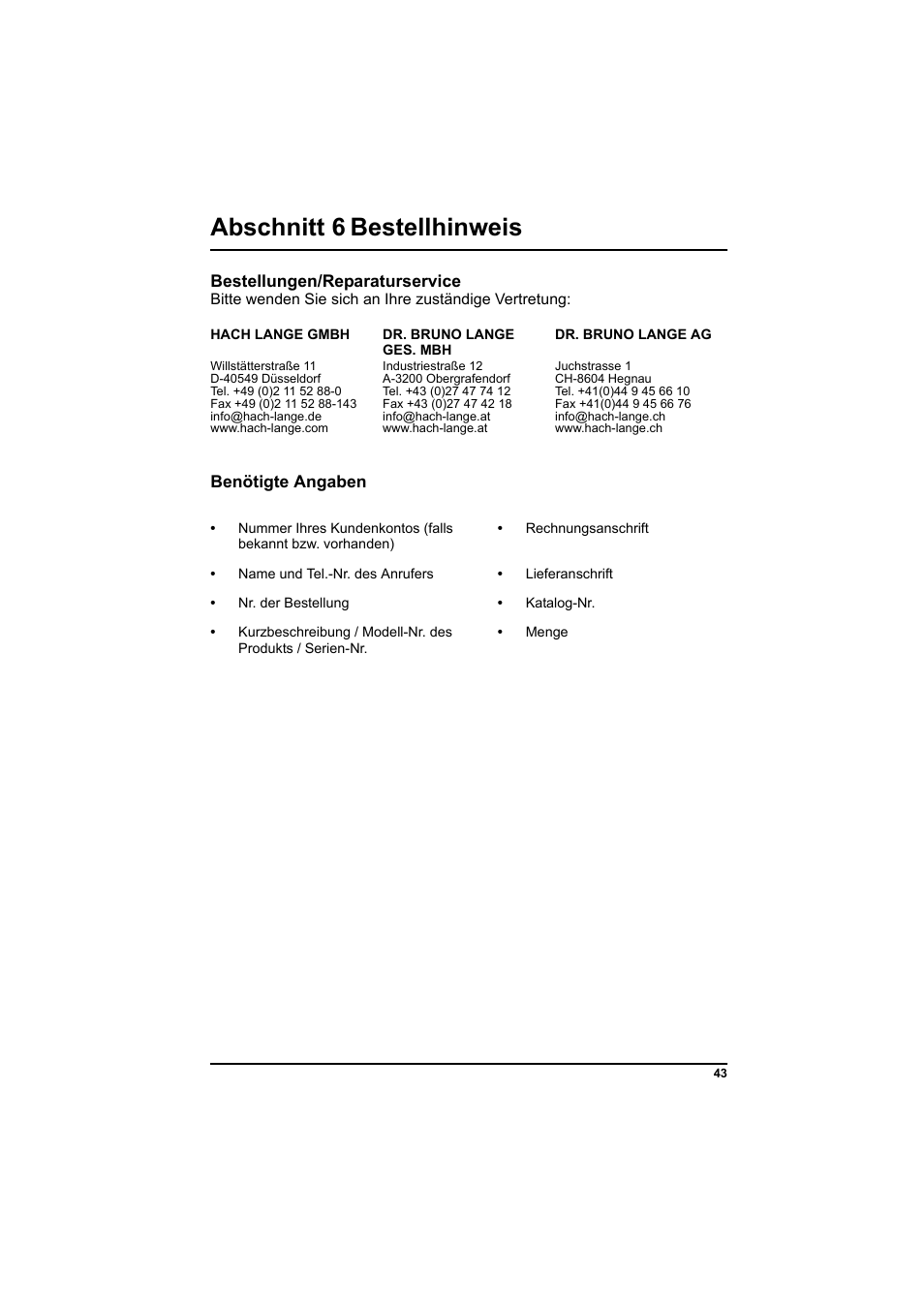 Abschnitt 6 bestellhinweis, Bestellungen/reparaturservice, Benötigte angaben | Hach-Lange PCII-Chlorine LCK 310 User Manual | Page 44 / 116
