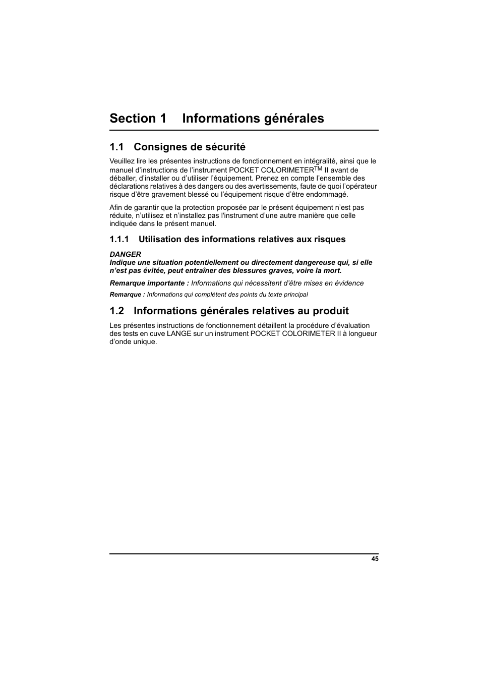 1 consignes de sécurité, 2 informations générales relatives au produit | Hach-Lange PCII-Chlorine LCK 310 User Manual | Page 46 / 116