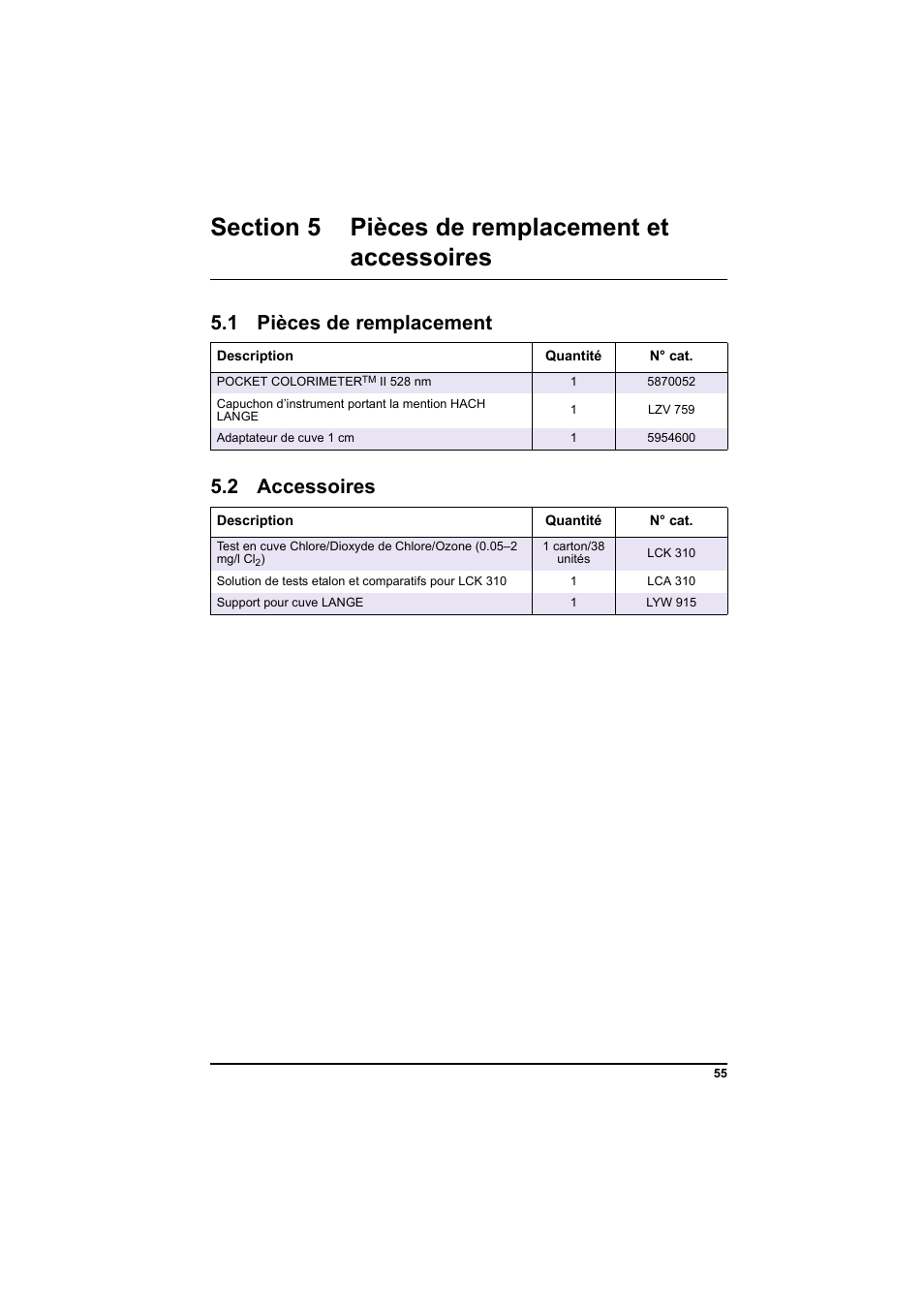 1 pièces de remplacement, 2 accessoires | Hach-Lange PCII-Chlorine LCK 310 User Manual | Page 56 / 116