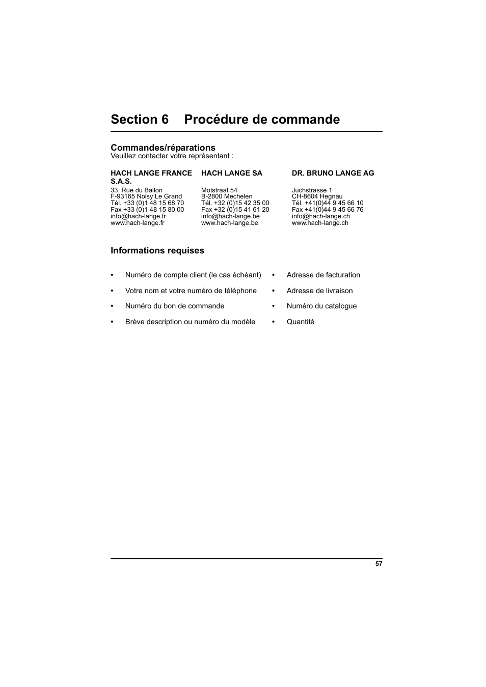 Section 6 procédure de commande, Commandes/réparations, Informations requises | Hach-Lange PCII-Chlorine LCK 310 User Manual | Page 58 / 116