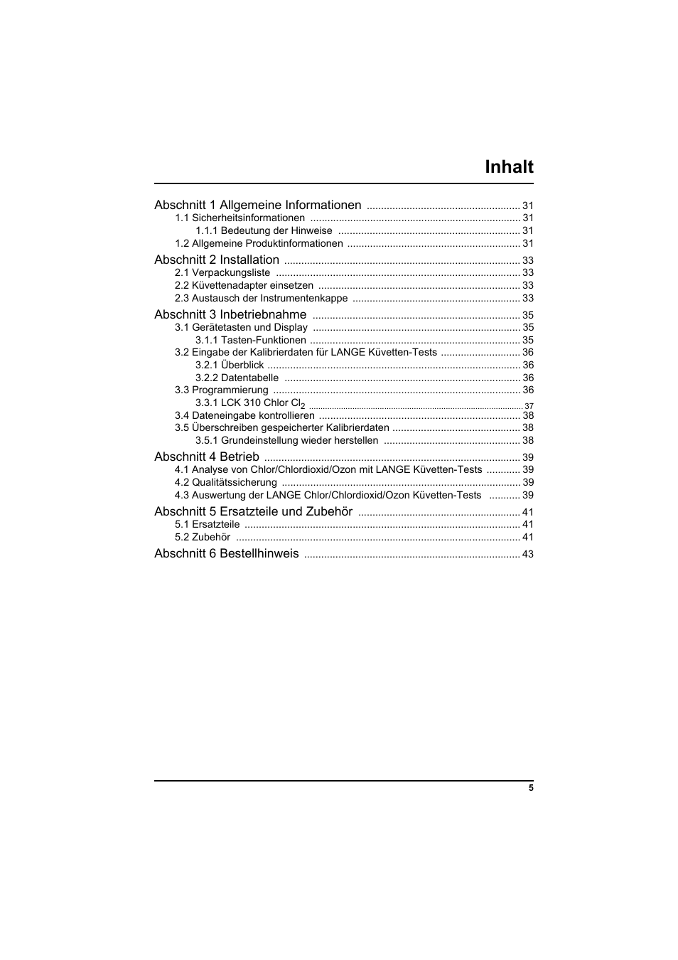 Inhalt | Hach-Lange PCII-Chlorine LCK 310 User Manual | Page 6 / 116