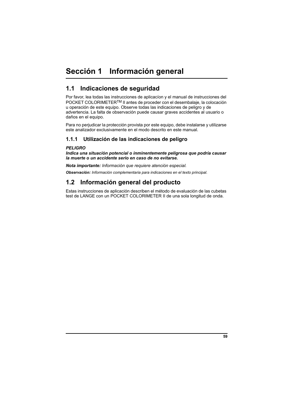 Sección 1 información general, 1 indicaciones de seguridad, 2 información general del producto | Hach-Lange PCII-Chlorine LCK 310 User Manual | Page 60 / 116