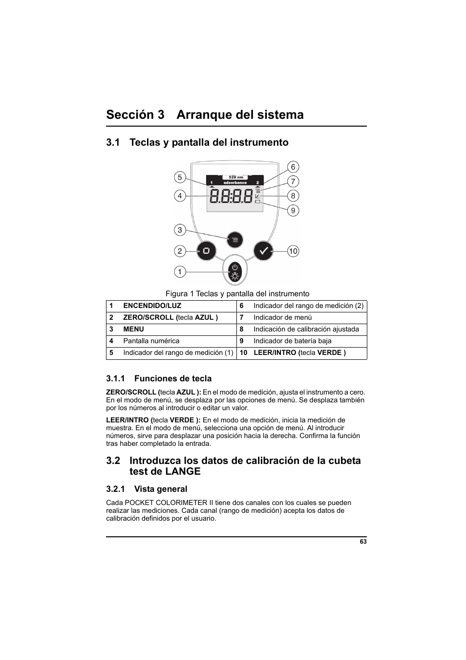 Sección 3 arranque del sistema, 1 teclas y pantalla del instrumento, Figura 1 teclas y pantalla del instrumento | 1 funciones de tecla, 1 vista general | Hach-Lange PCII-Chlorine LCK 310 User Manual | Page 64 / 116