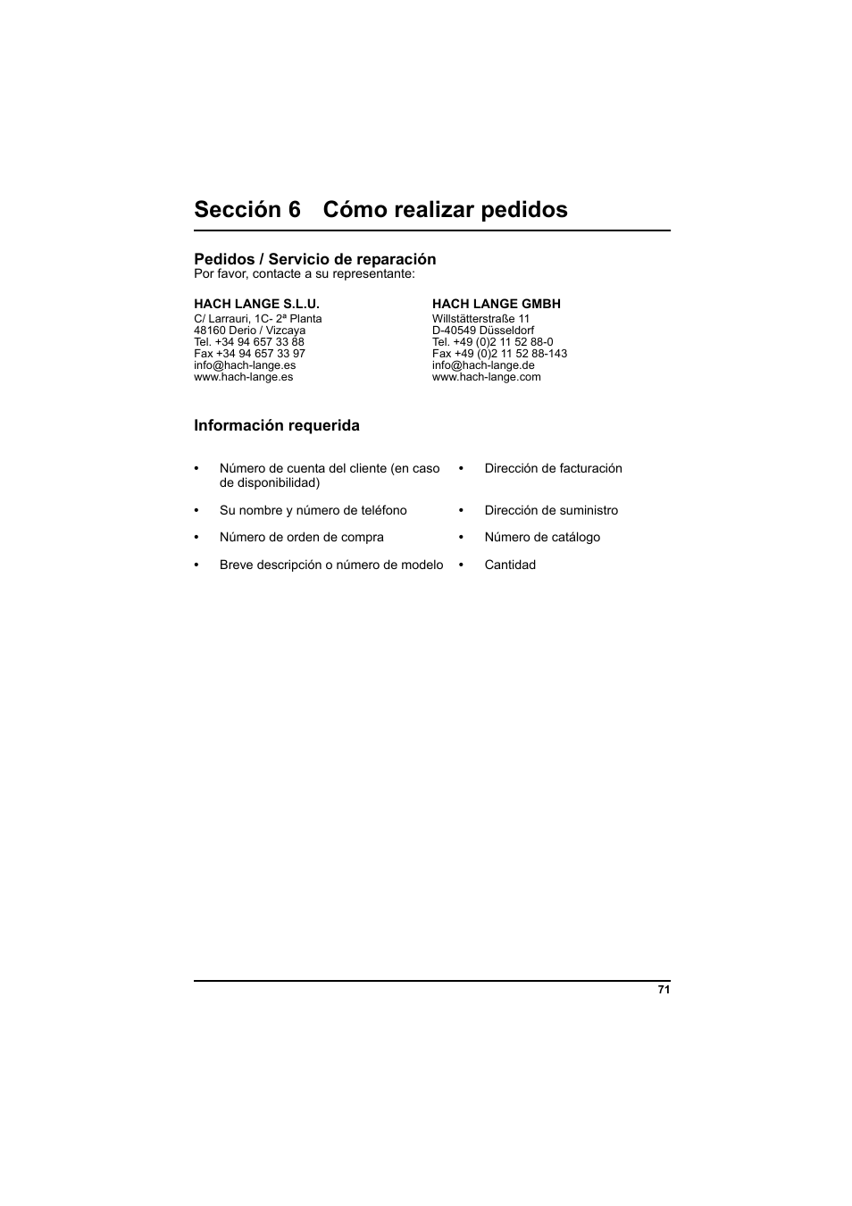 Sección 6 cómo realizar pedidos, Pedidos / servicio de reparación, Información requerida | Hach-Lange PCII-Chlorine LCK 310 User Manual | Page 72 / 116