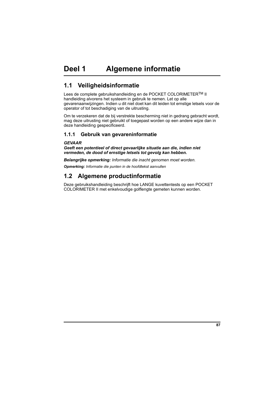 Deel 1 algemene informatie, 1 veiligheidsinformatie, 2 algemene productinformatie | Hach-Lange PCII-Chlorine LCK 310 User Manual | Page 88 / 116