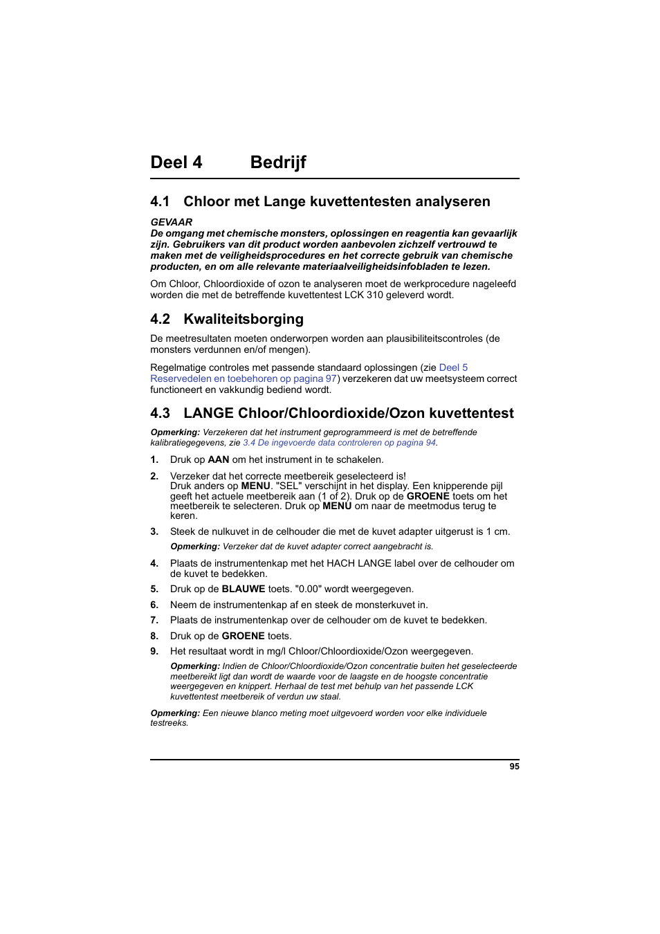 Deel 4 bedrijf, 1 chloor met lange kuvettentesten analyseren, 2 kwaliteitsborging | 3 lange chloor/chloordioxide/ozon kuvettentest, 3 lange chloor/chloordioxide/ozon | Hach-Lange PCII-Chlorine LCK 310 User Manual | Page 96 / 116