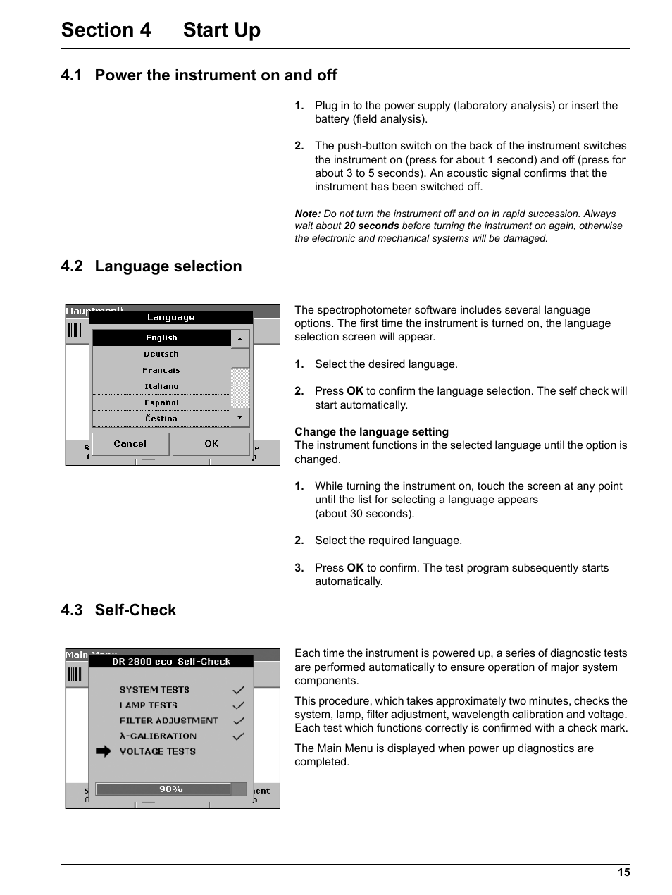 Section 4 start up, 1 power the instrument on and off, 2 language selection | 3 self-check | Hach-Lange DR2800 eco User Manual | Page 15 / 64