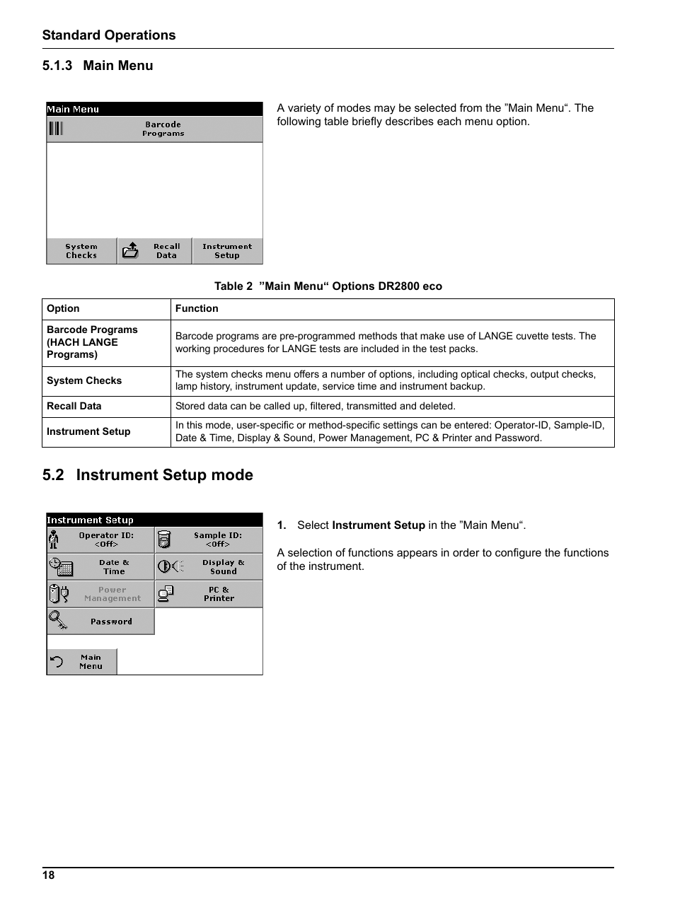 3 main menu, 2 instrument setup mode, Standard operations 5.1.3 main menu | Hach-Lange DR2800 eco User Manual | Page 18 / 64