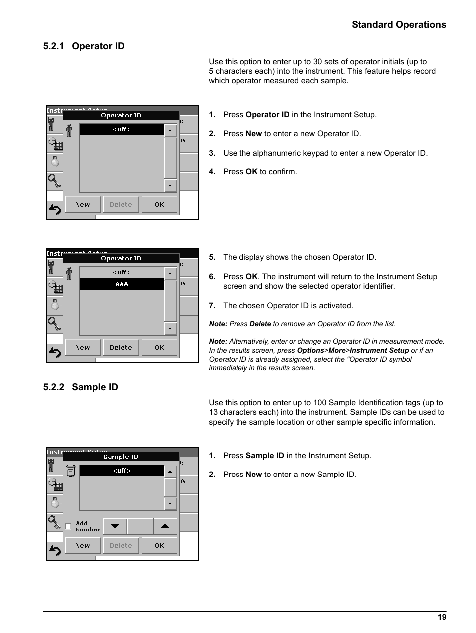 1 operator id, 2 sample id, 1 operator id 5.2.2 sample id | Hach-Lange DR2800 eco User Manual | Page 19 / 64