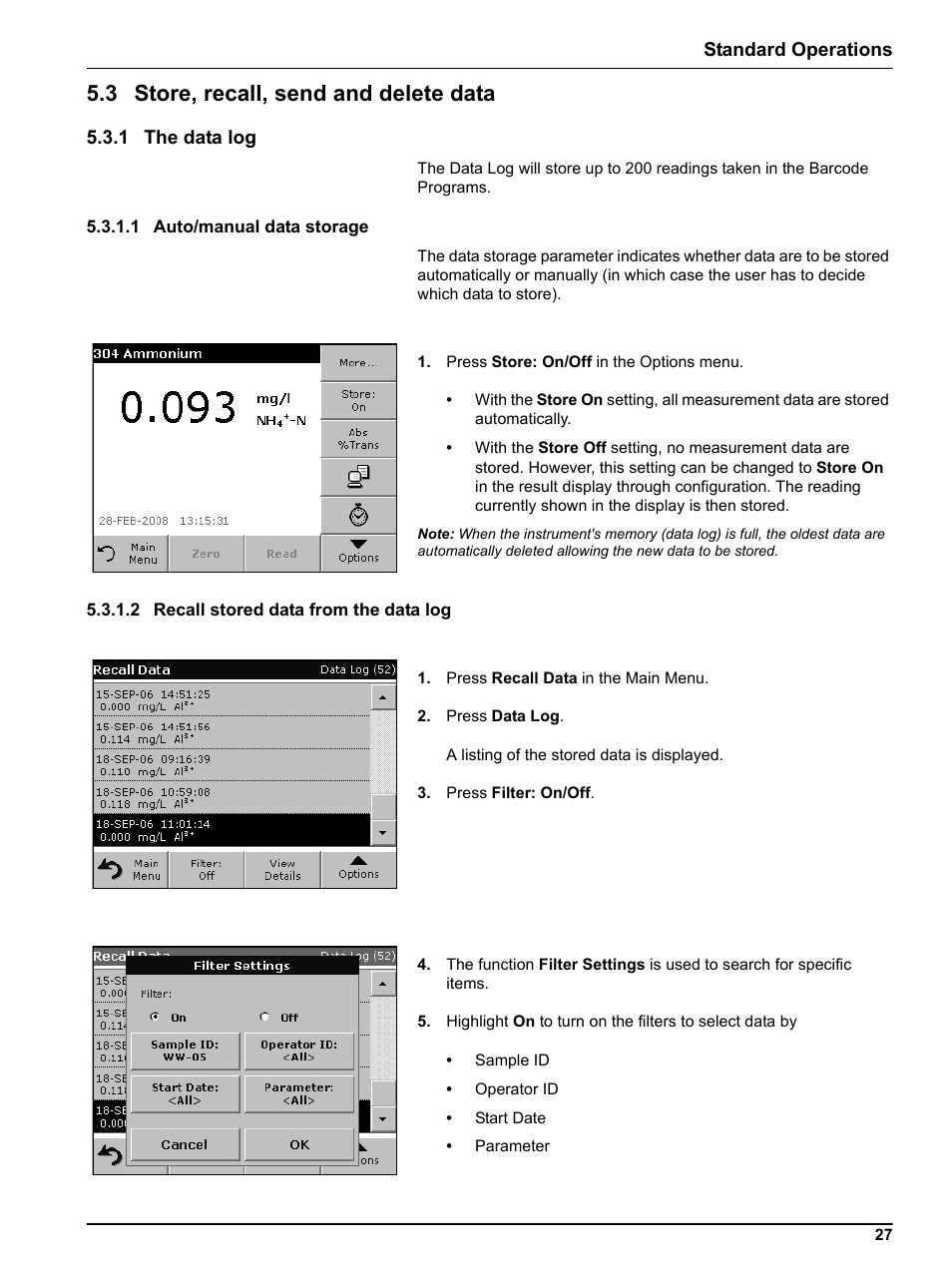 3 store, recall, send and delete data, 1 the data log, 1 auto/manual data storage | 2 recall stored data from the data log | Hach-Lange DR2800 eco User Manual | Page 27 / 64